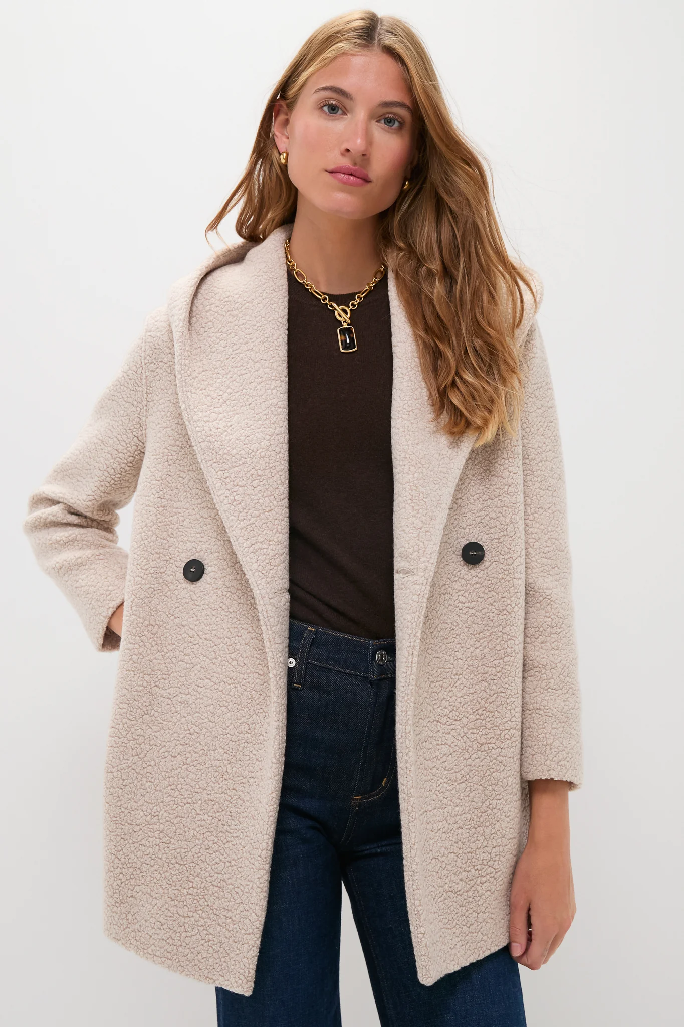 Almond Hooded Double Breasted Boucle Jacket - Image 6