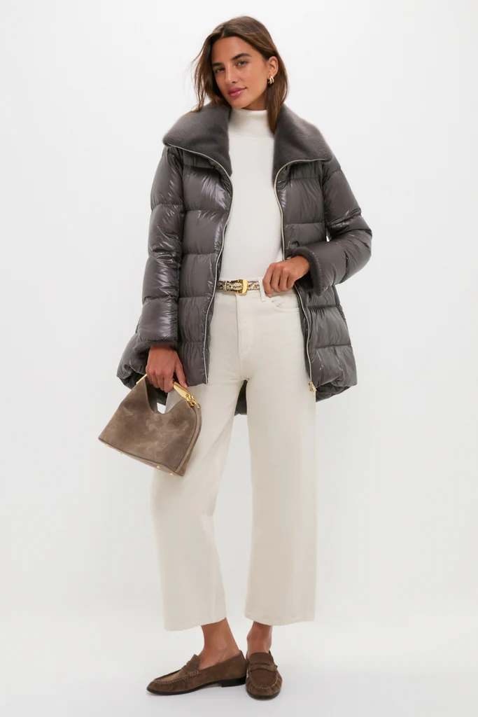 Anthracite Nylon Ultralight Mid-Thigh Jacket with Faux Fur Collar - Image 2