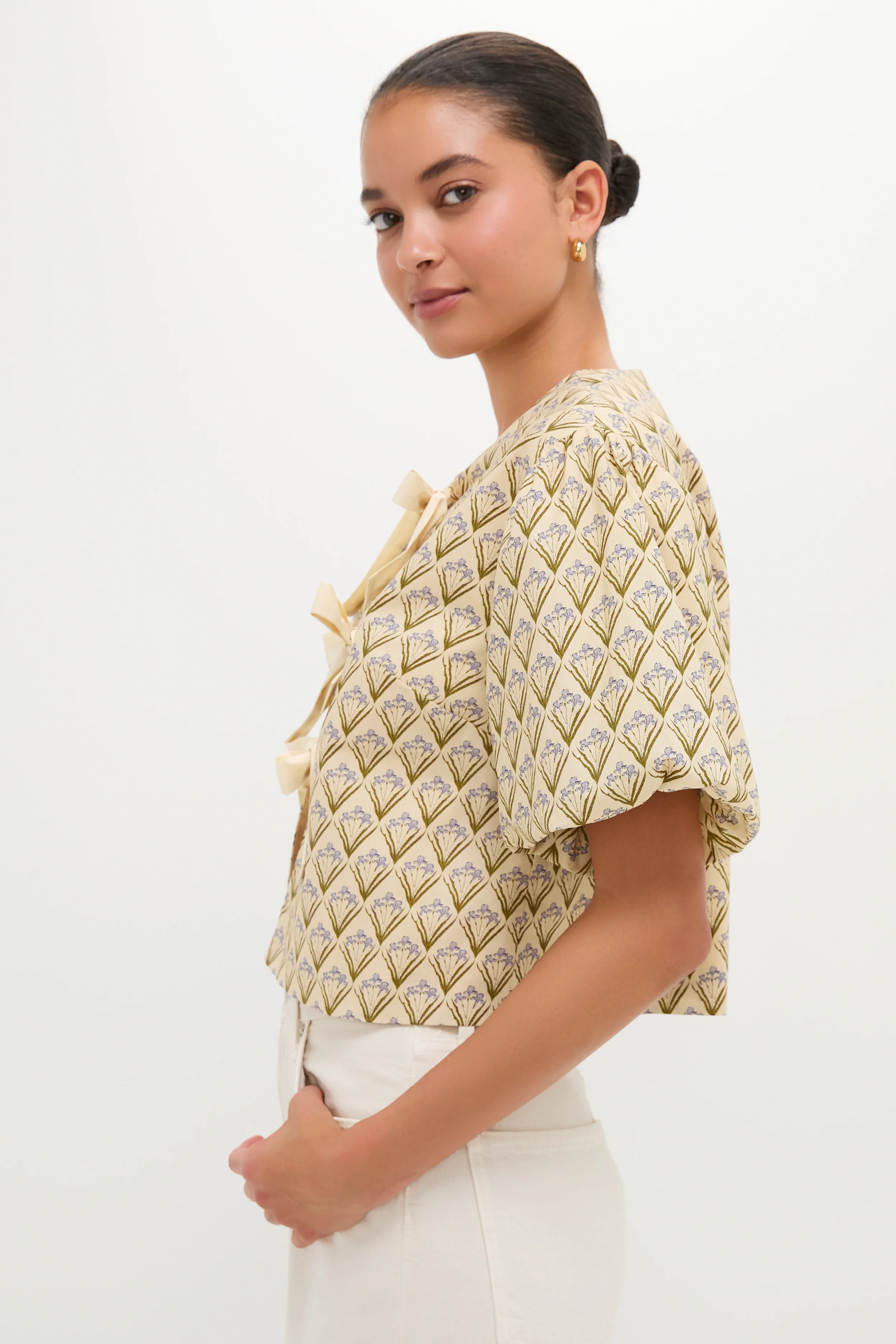 Beige Trellis Floral Tie Crossvine Blouse - Image 4