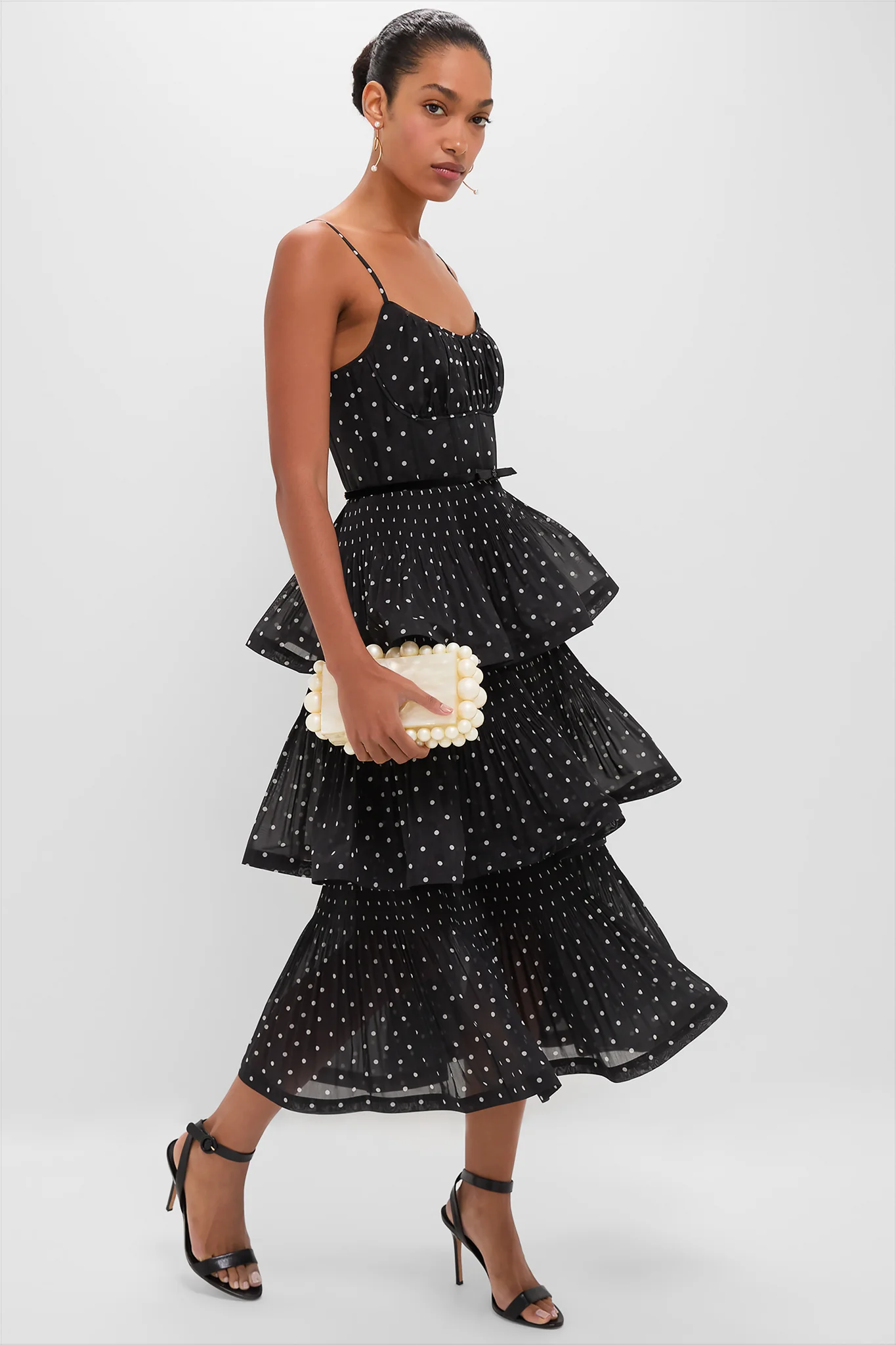 Black and Cream Polka Dot Pleated Tiered Midi Dress - Image 2
