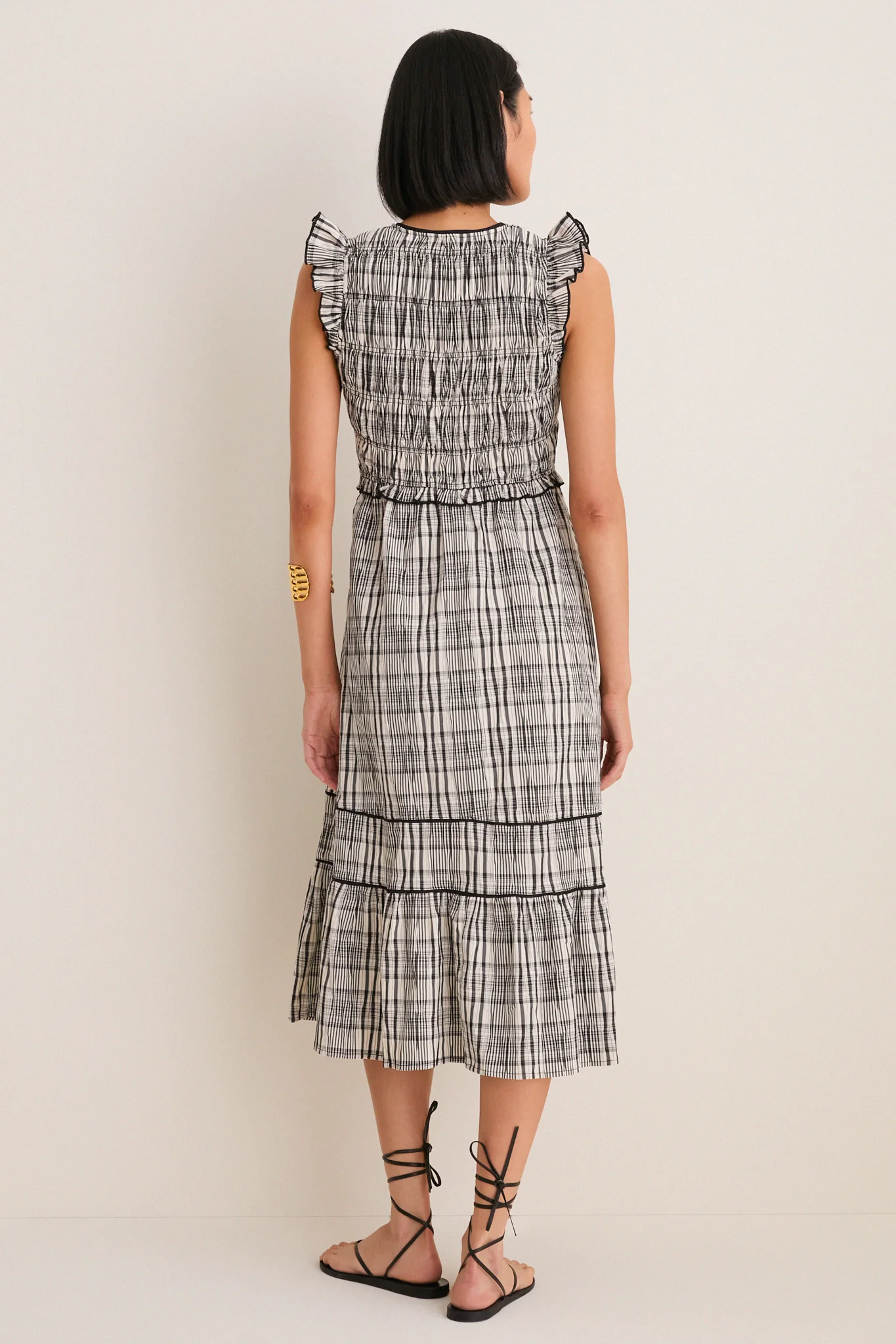 Black and Ivory Plaid Lacey Smocked Tie Front Midi Dress - Image 5