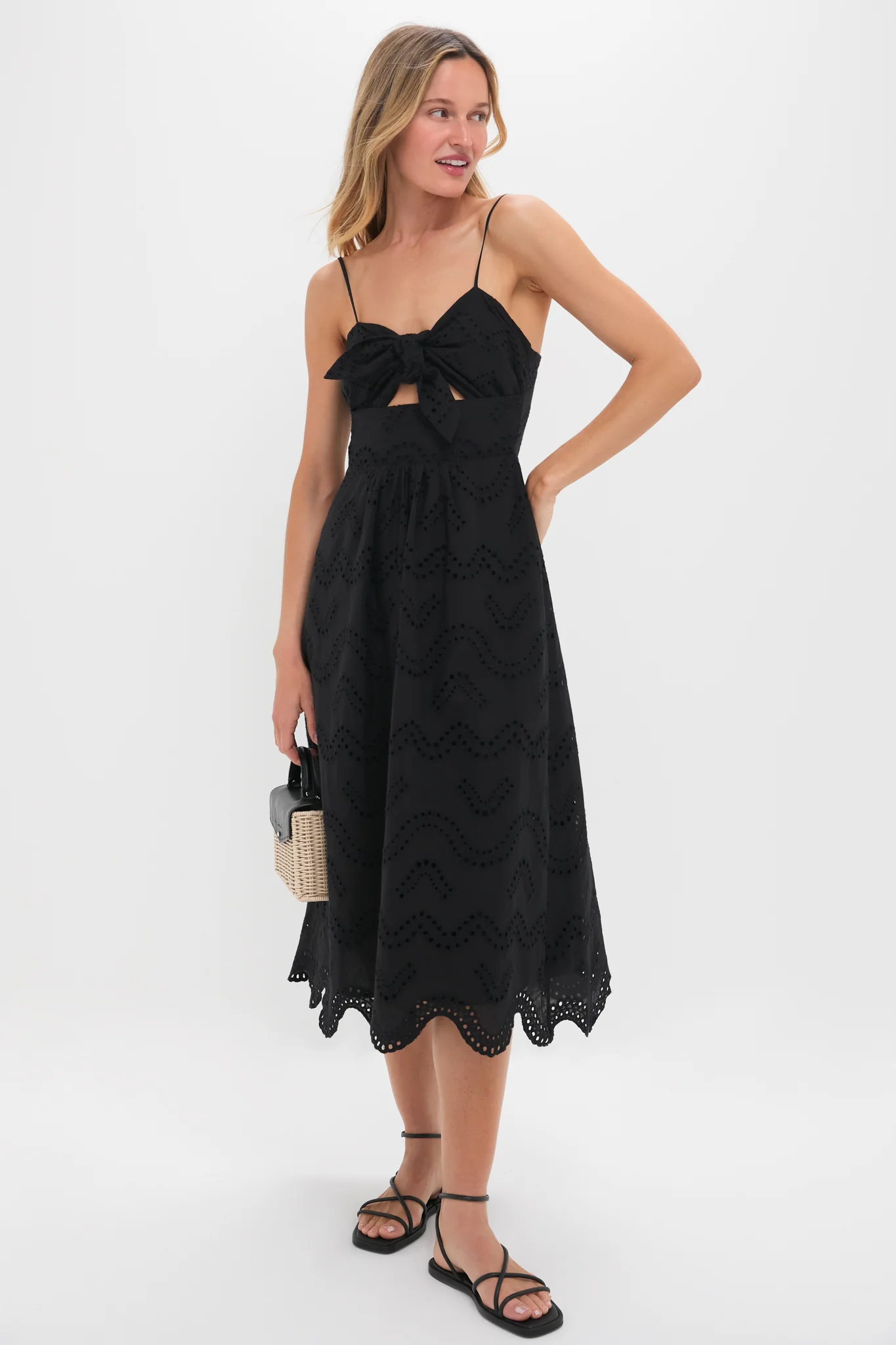 Black Eyelet Tie Front Sanibel Midi Dress - Image 3