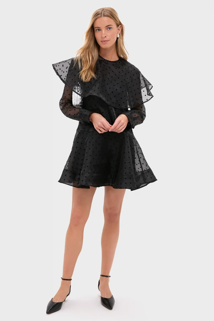 Black Flocked Organza Mini Dress - Image 3