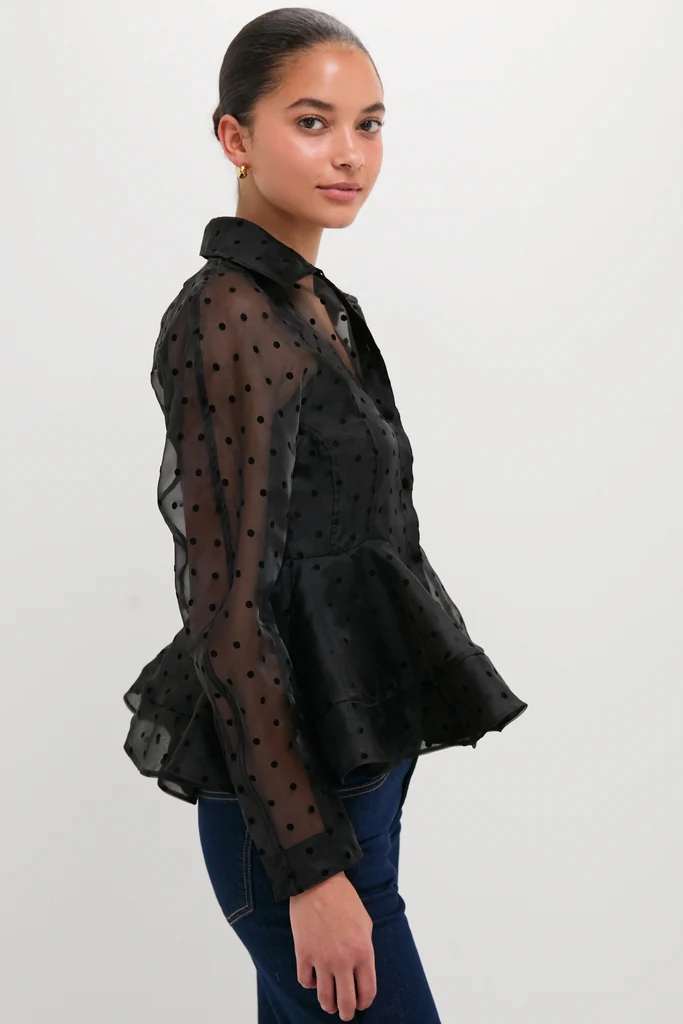 Black Flocked Organza Peplum Shirt - Image 3