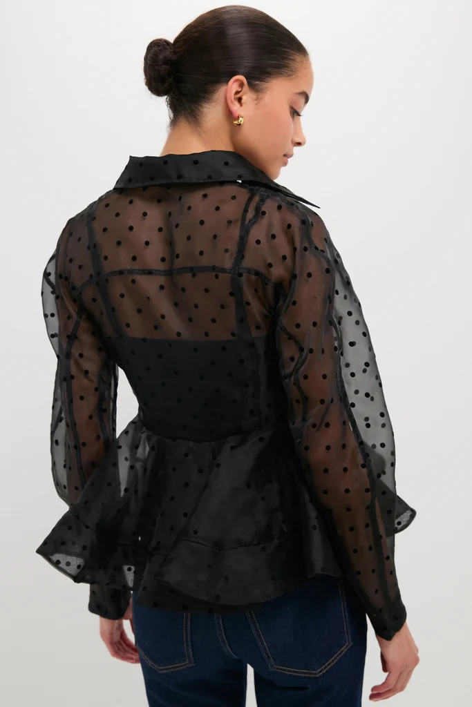 Black Flocked Organza Peplum Shirt - Image 4