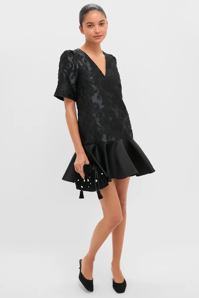 Black Satin Cloque Mini V-Neck Dress - Image 3