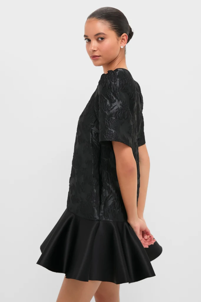 Black Satin Cloque Mini V-Neck Dress - Image 4