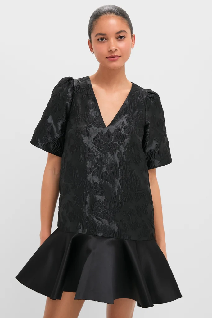 Black Satin Cloque Mini V-Neck Dress - Image 7
