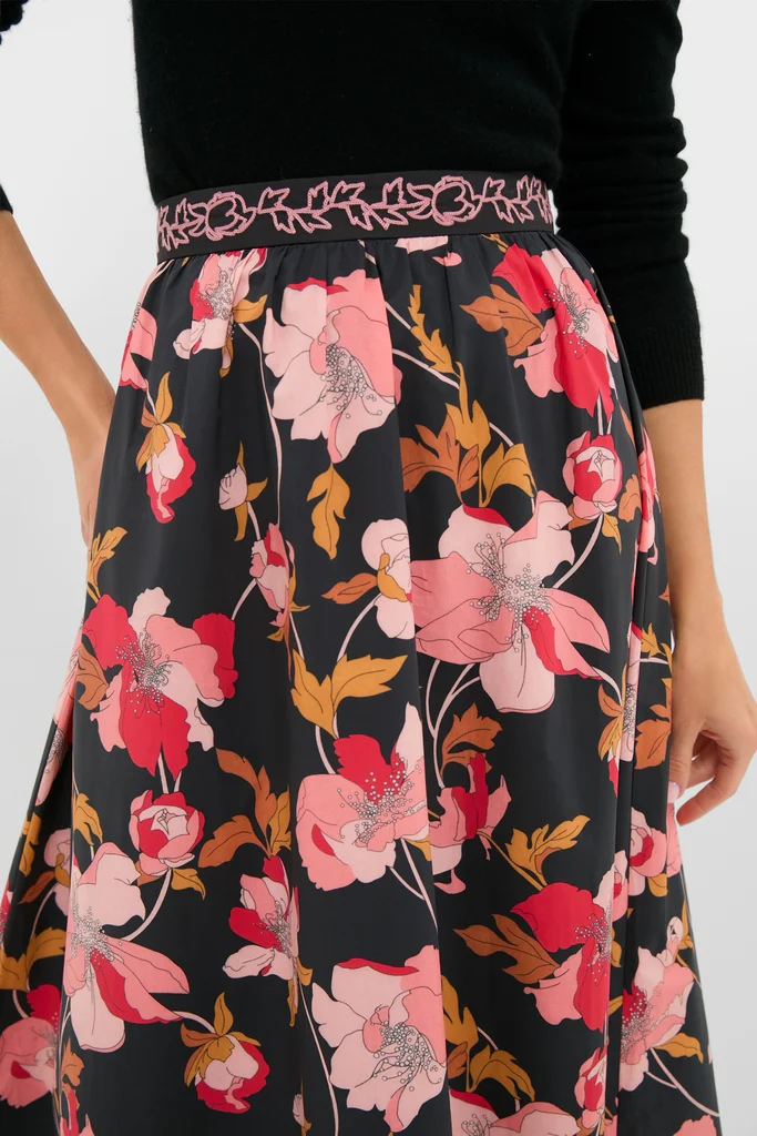 Black & Shades of Pink Floral Embroidered Sia Maxi Skirt - Image 10