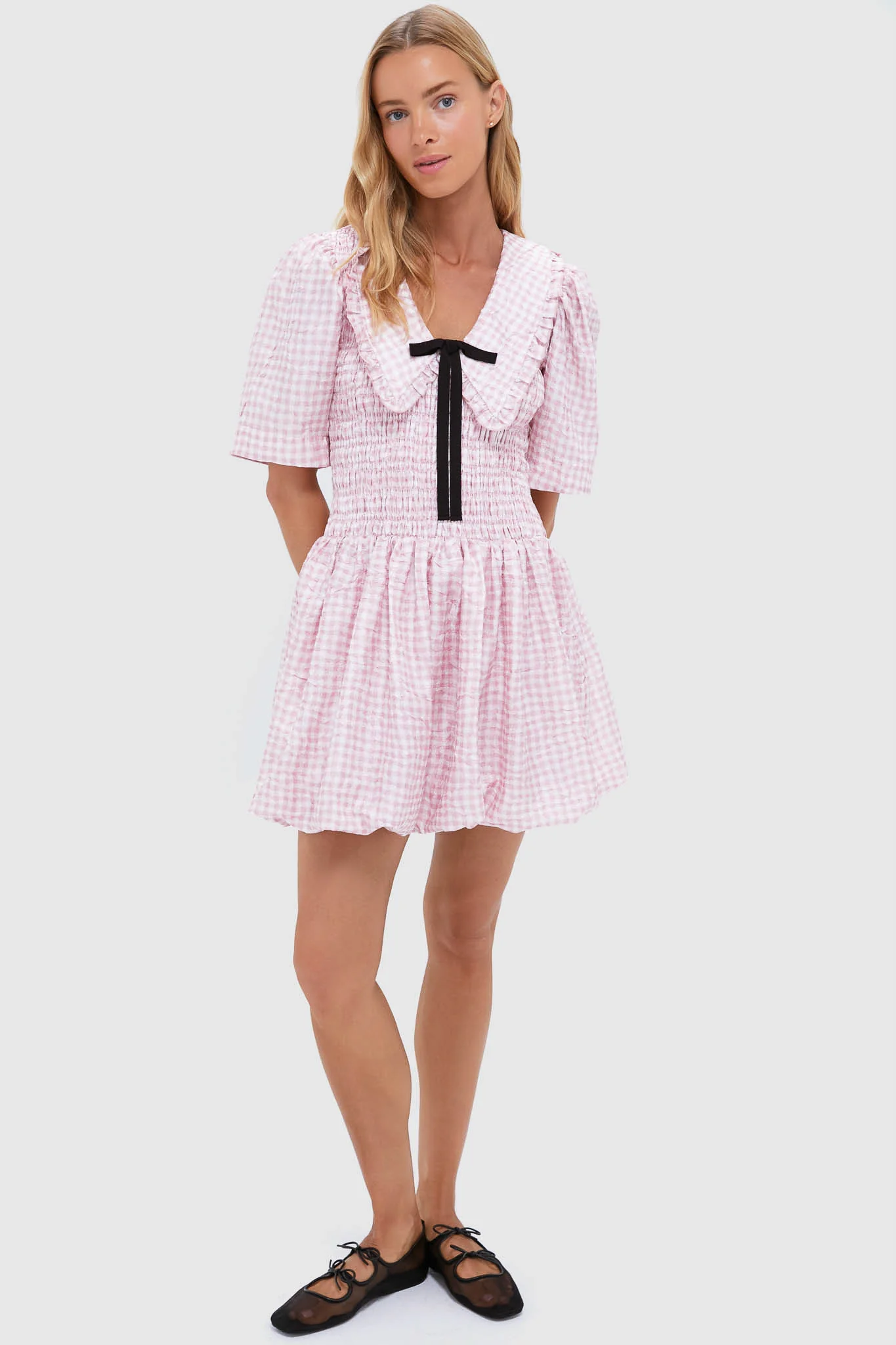 Bleached Mauve Shibori Pleat Mini Smock Bubble Dress - Image 6