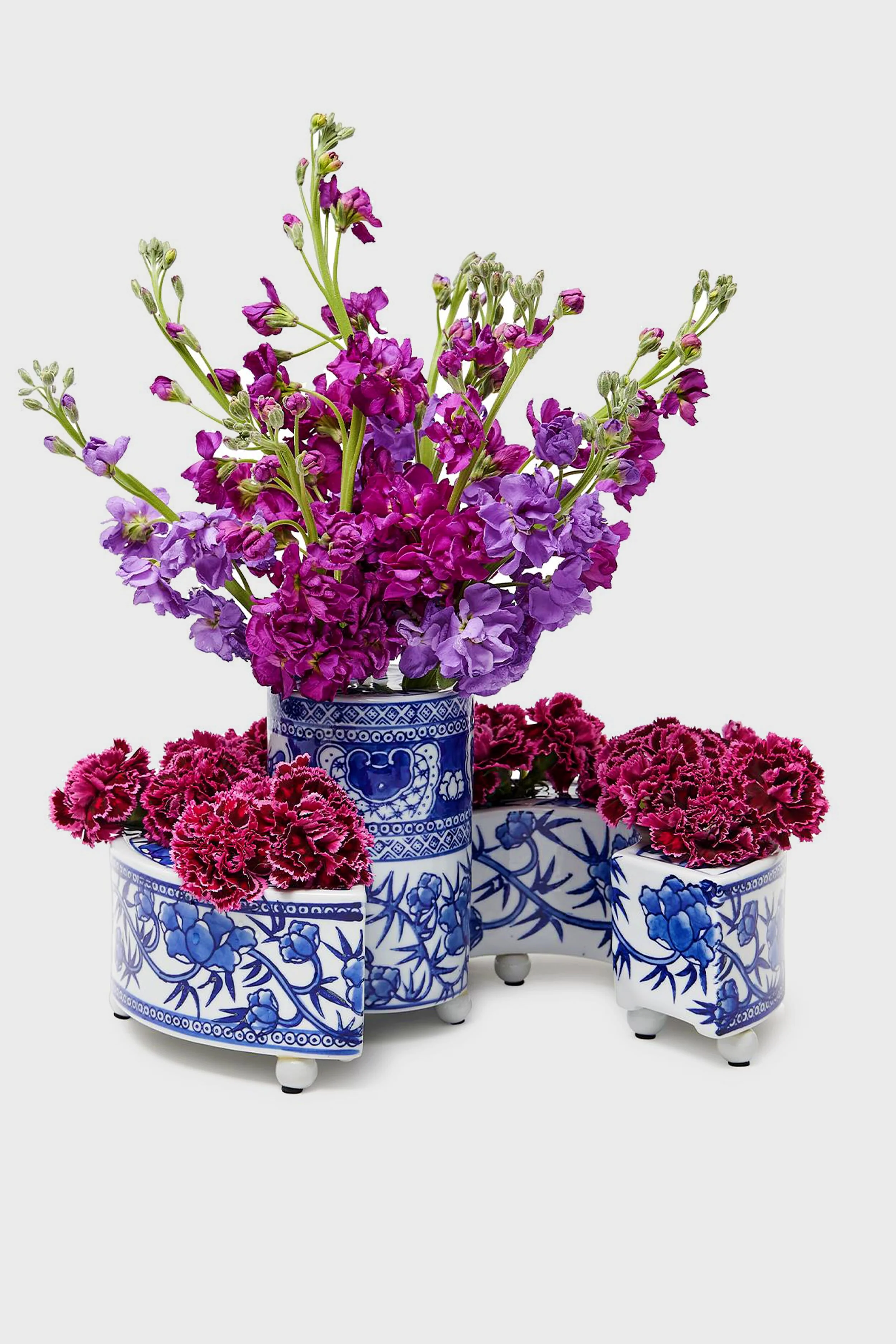Blue and White 3 Piece Hand-Painted Floral Arranger - Image 3
