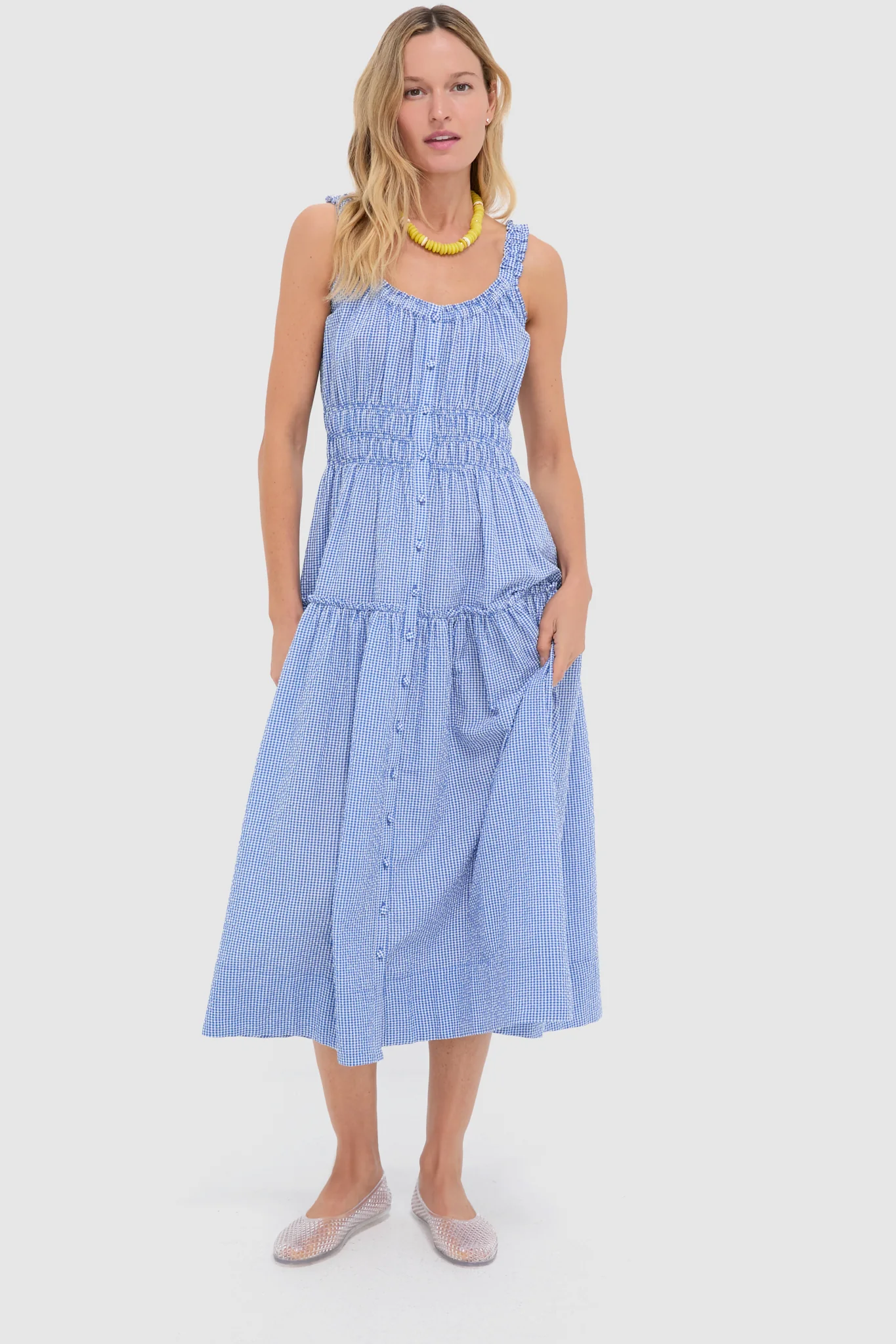 Blue and White Gingham Seersucker Landis Midi Dress