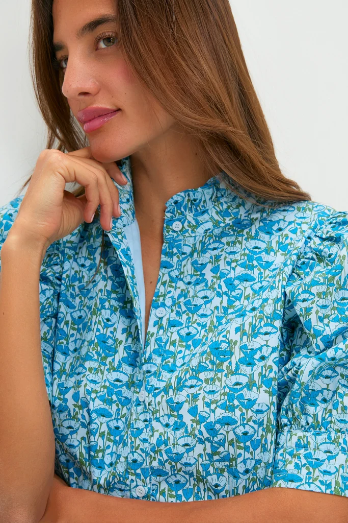 Blue Poppies Floral Ruffle Collar Louisa Mini Dress - Image 5
