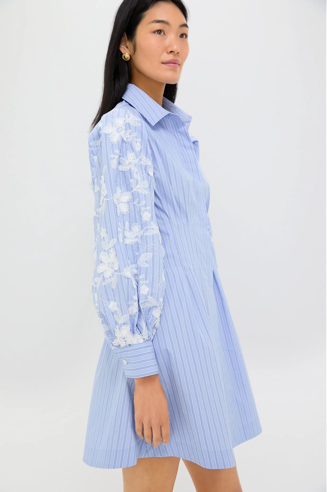 Blue Stripe Embroidery Mini Corinne Dress - Image 3