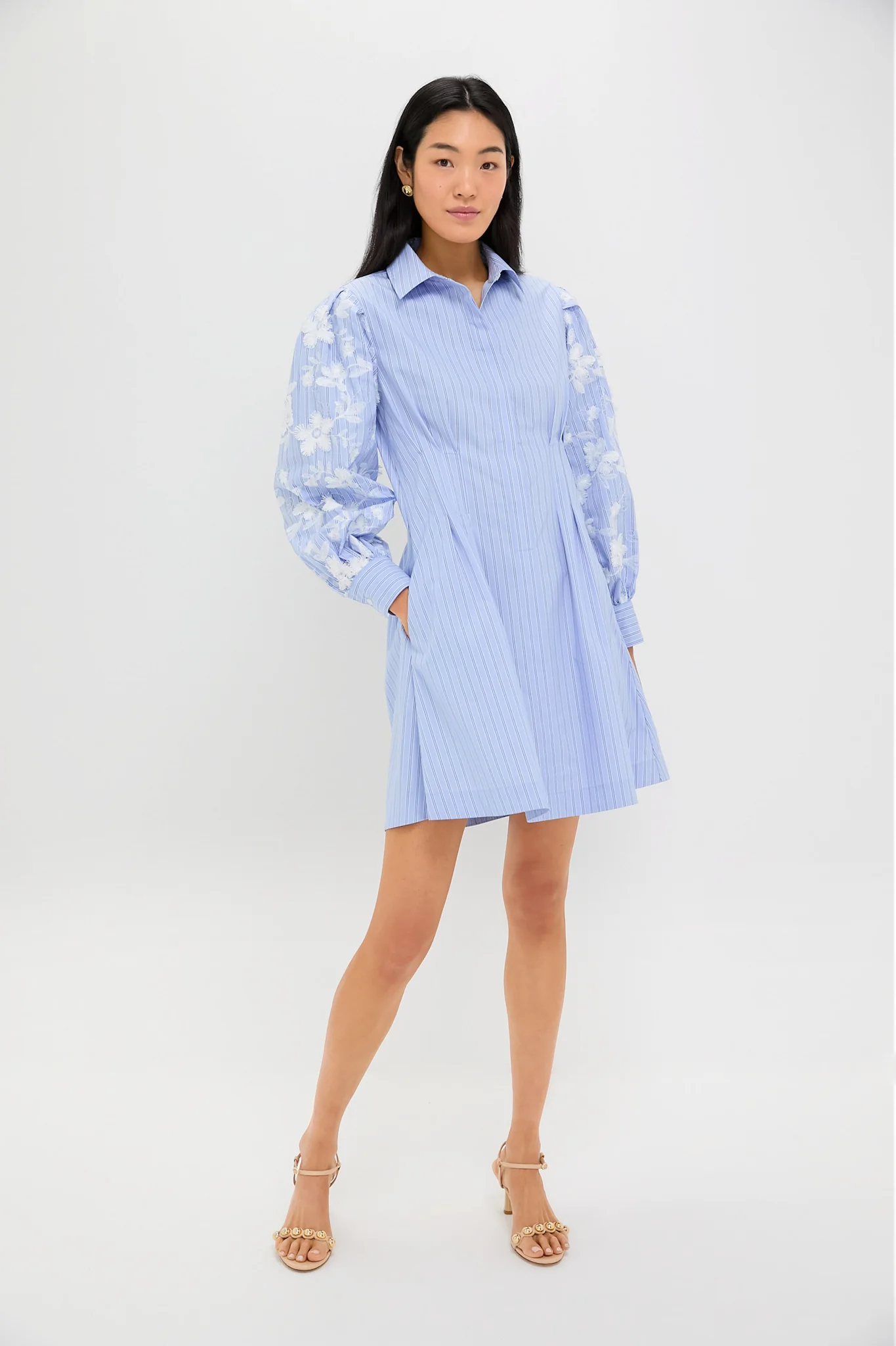 Blue Stripe Embroidery Mini Corinne Dress - Image 6
