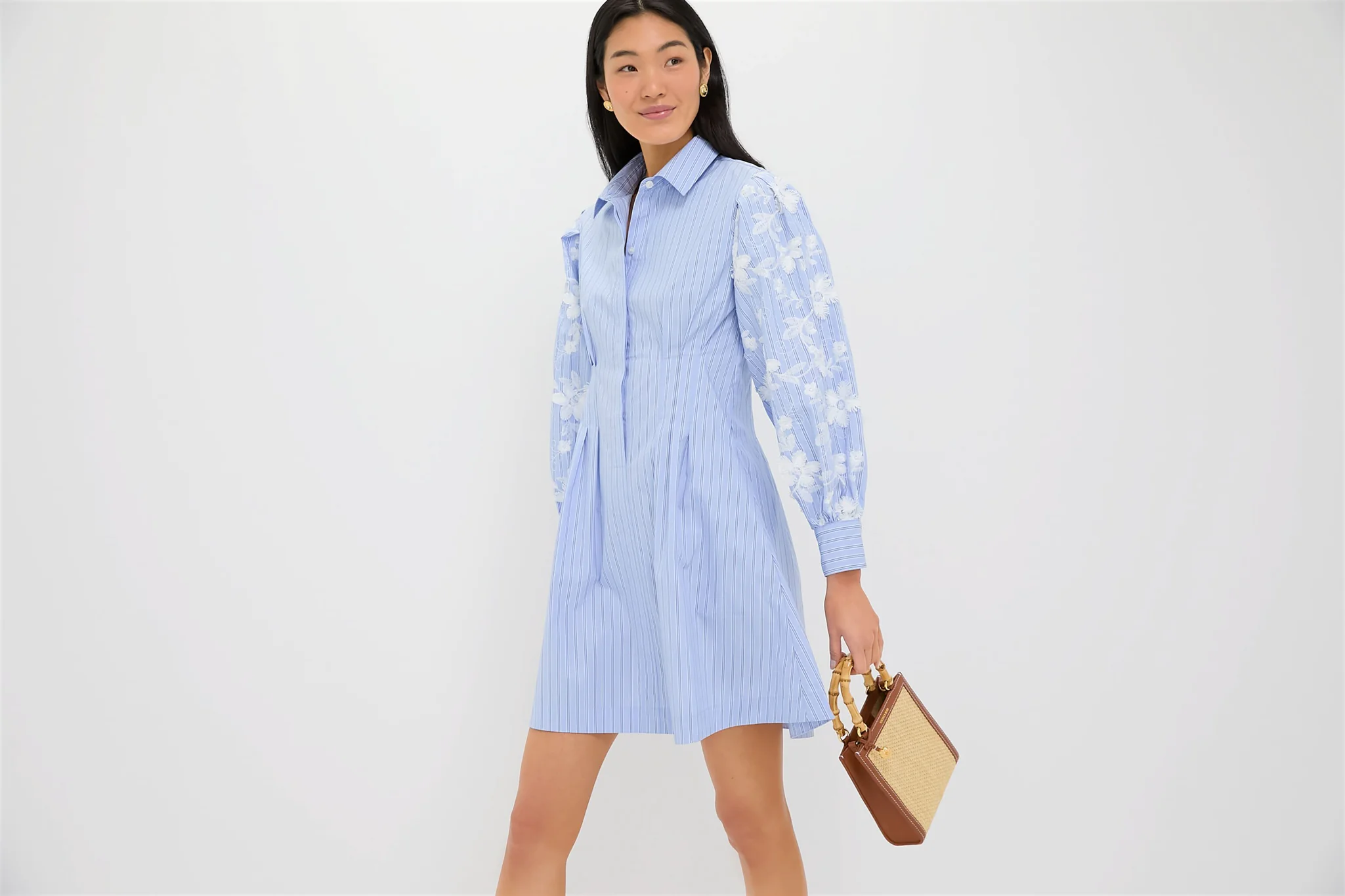 Blue Stripe Embroidery Mini Corinne Dress - Image 7