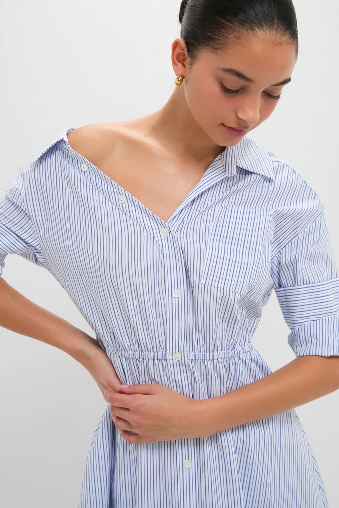 Blue Stripe Falling off the Shoulder Midi Dress - Image 2
