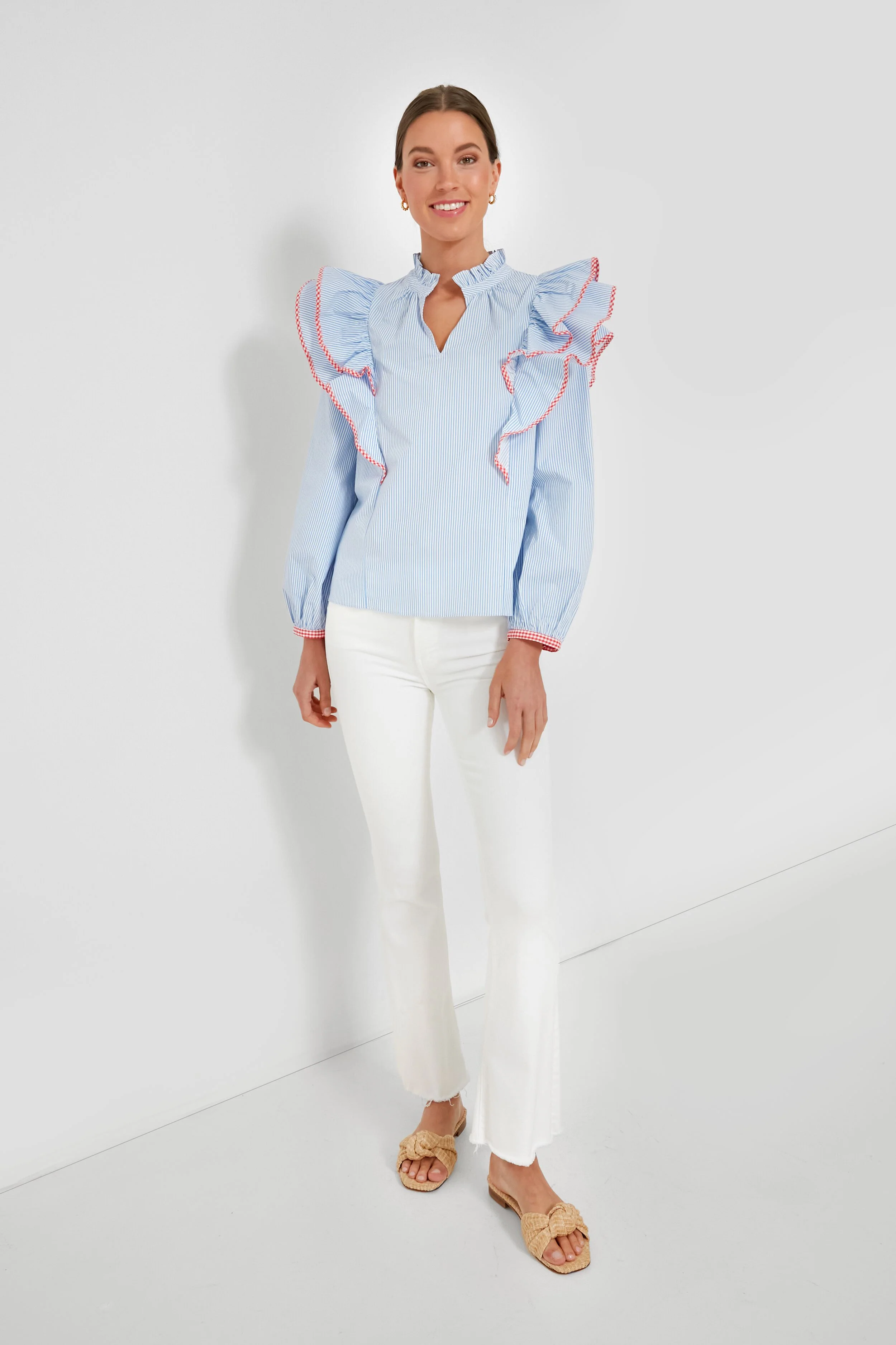 Blue Stripe Gingham Ruffle Holly Blouse - Image 2