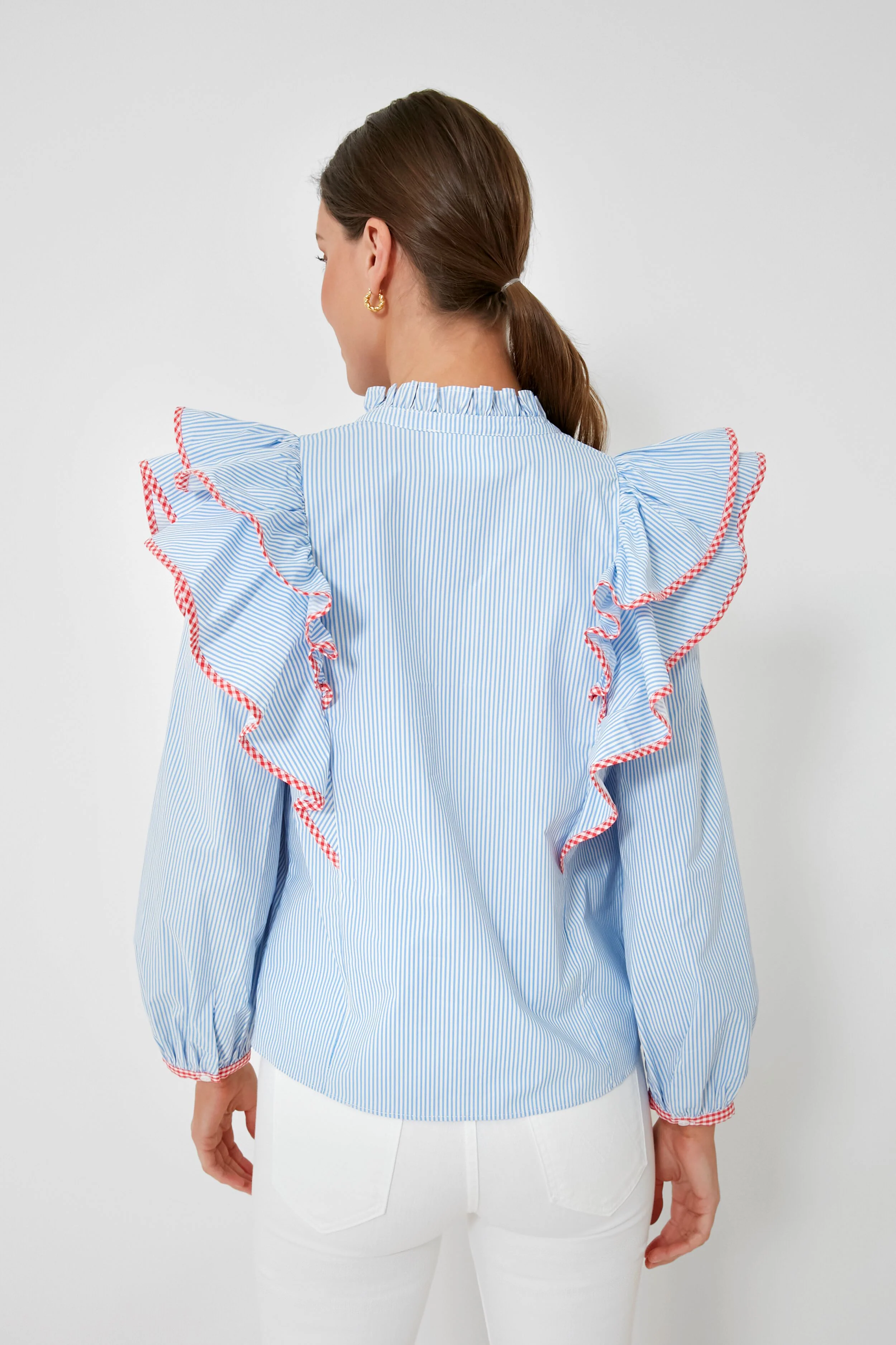 Blue Stripe Gingham Ruffle Holly Blouse - Image 4