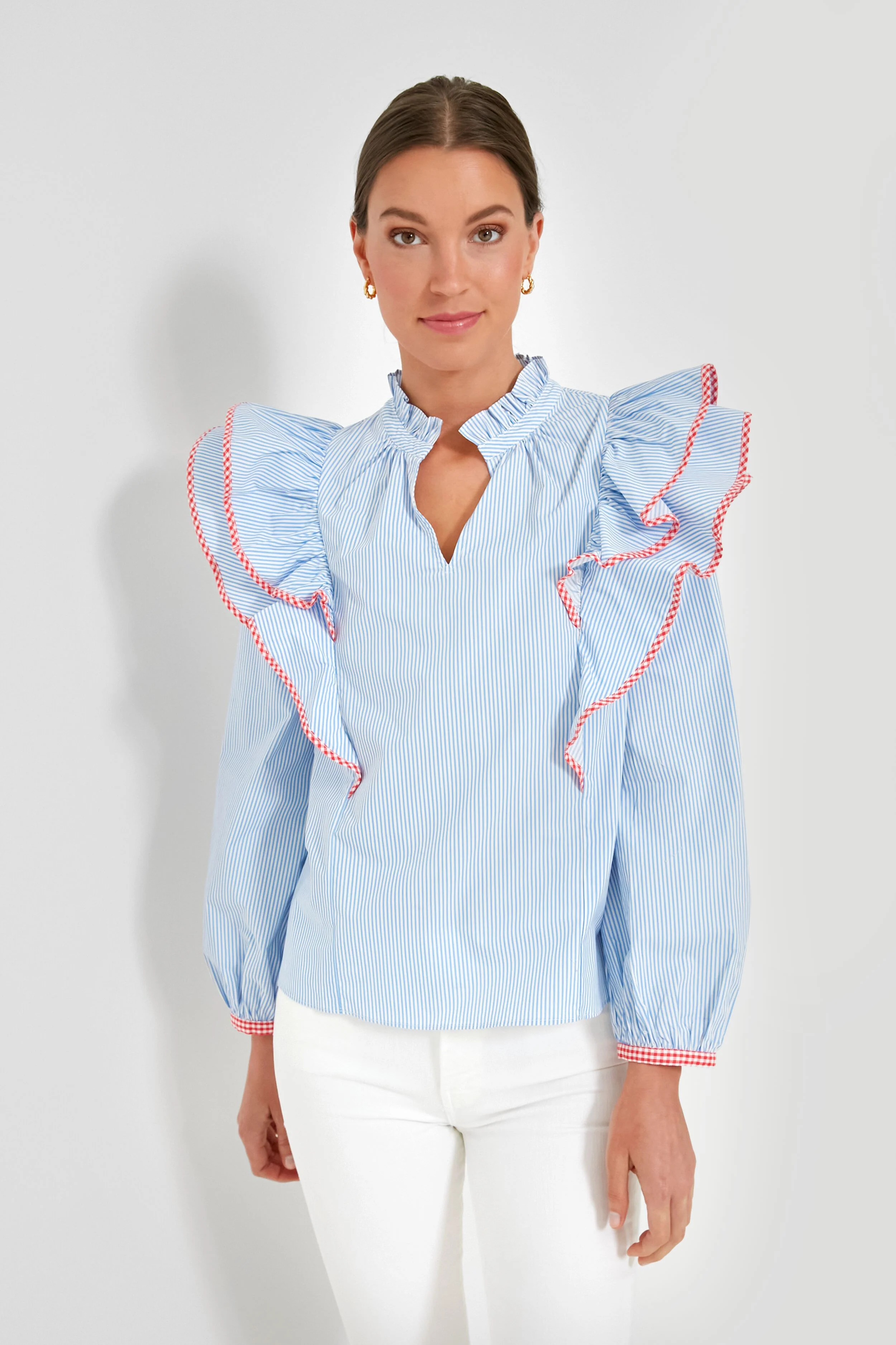 Blue Stripe Gingham Ruffle Holly Blouse - Image 6
