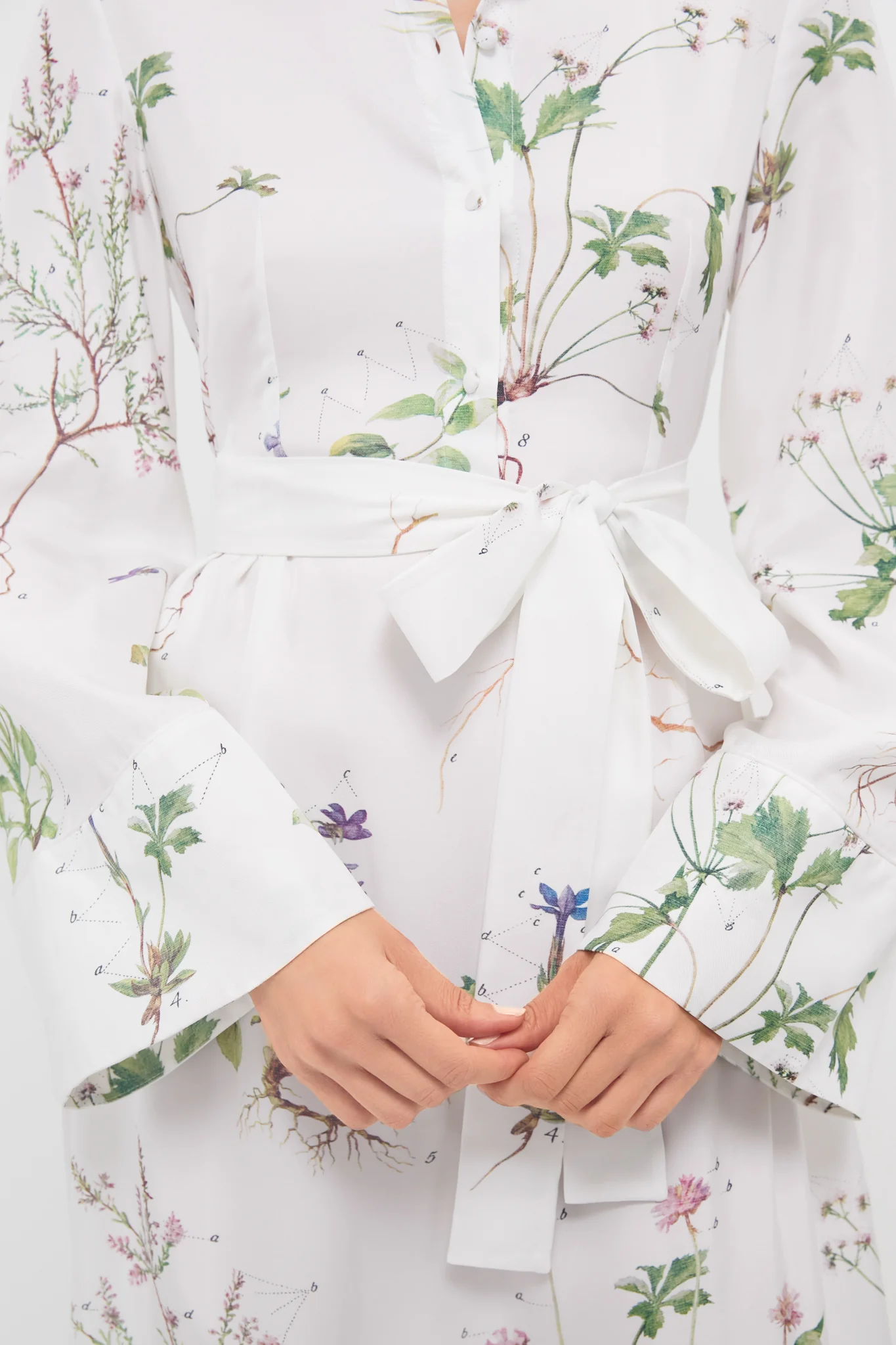 Botanical Garden White Long Sleeve Tie Waist Midi Dress - Image 6