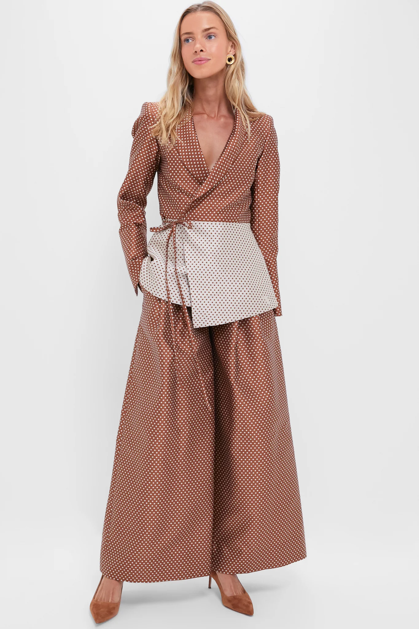 Brown and Cream Wide Leg Pleat Pleat Pants - Image 6