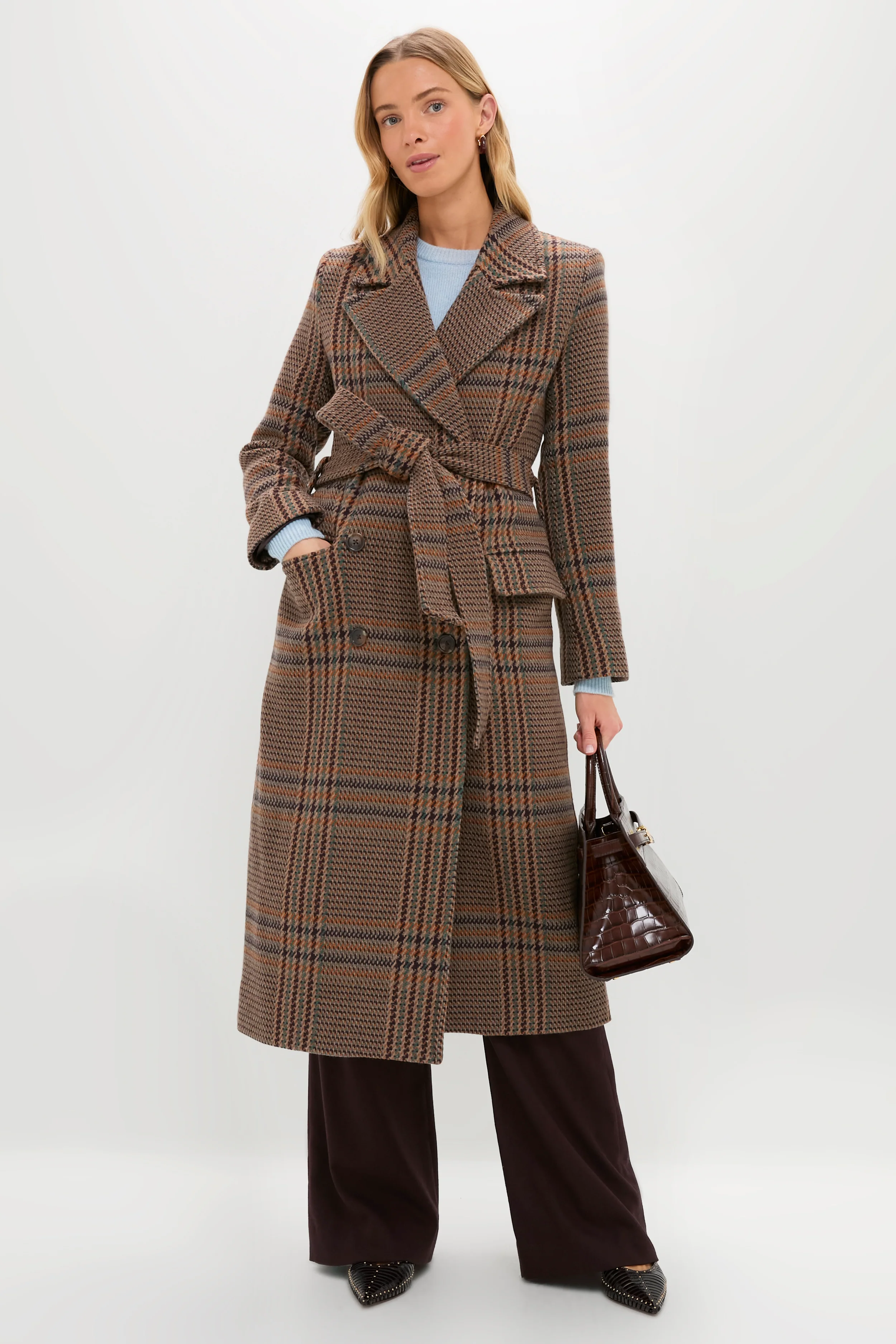 Brown Plaid Kolina Long Coat with Belt - Image 2