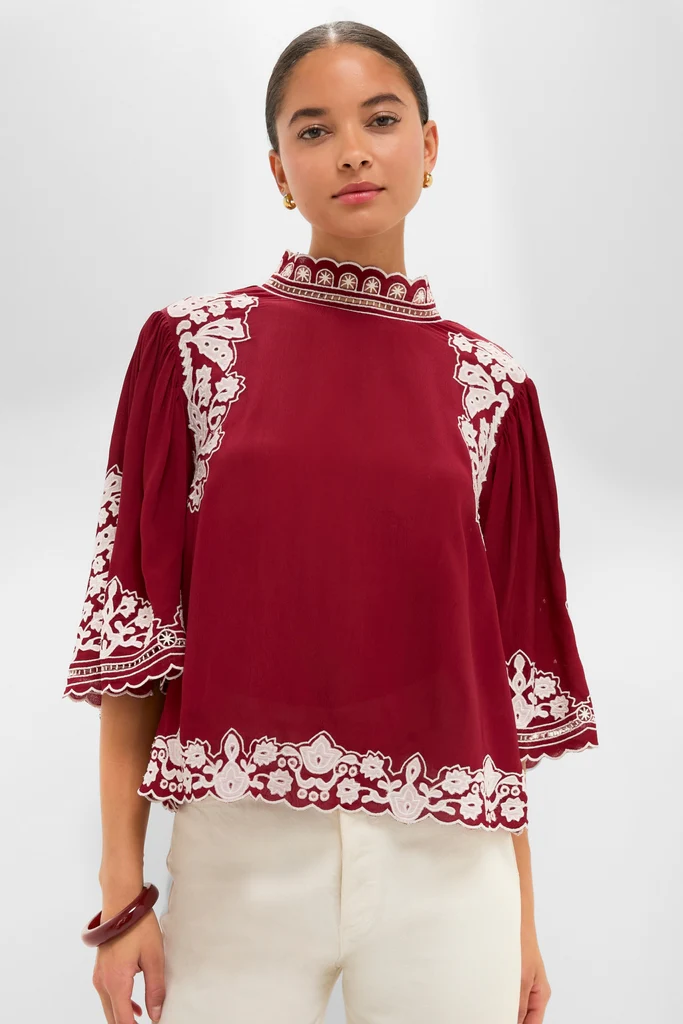 Burgundy Bicolor Palm Tree Embroidery Blouse