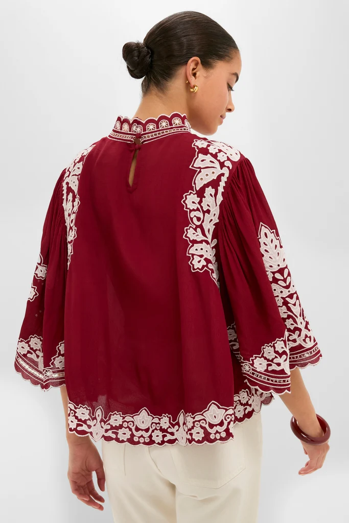 Burgundy Bicolor Palm Tree Embroidery Blouse - Image 4