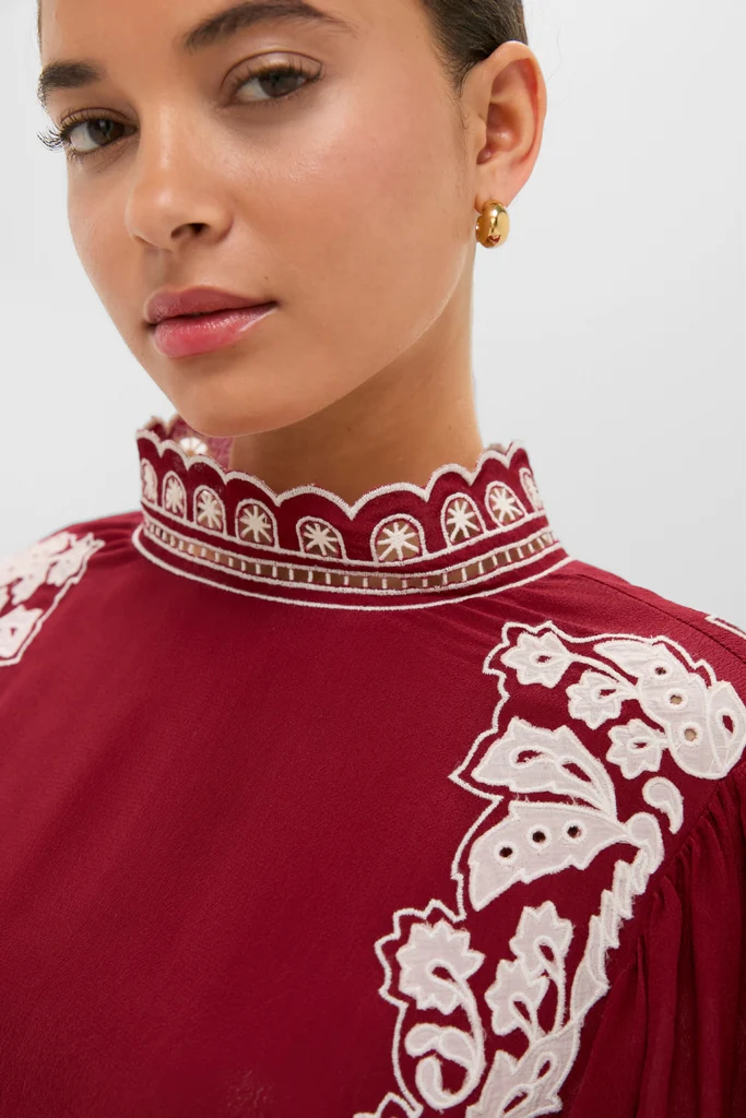 Burgundy Bicolor Palm Tree Embroidery Blouse - Image 5