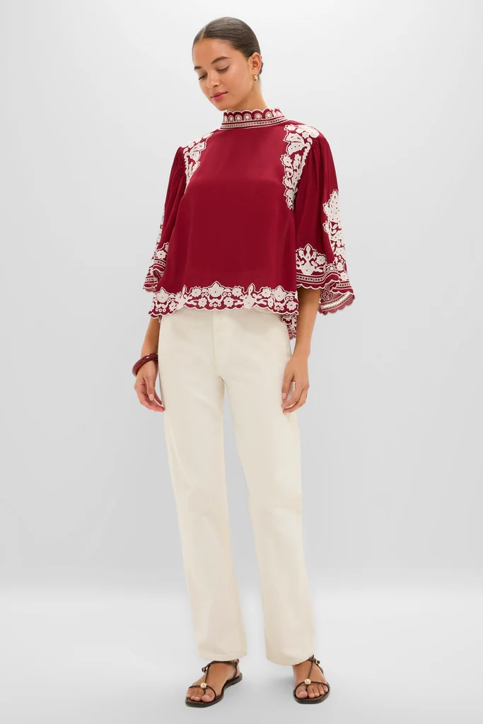 Burgundy Bicolor Palm Tree Embroidery Blouse - Image 6