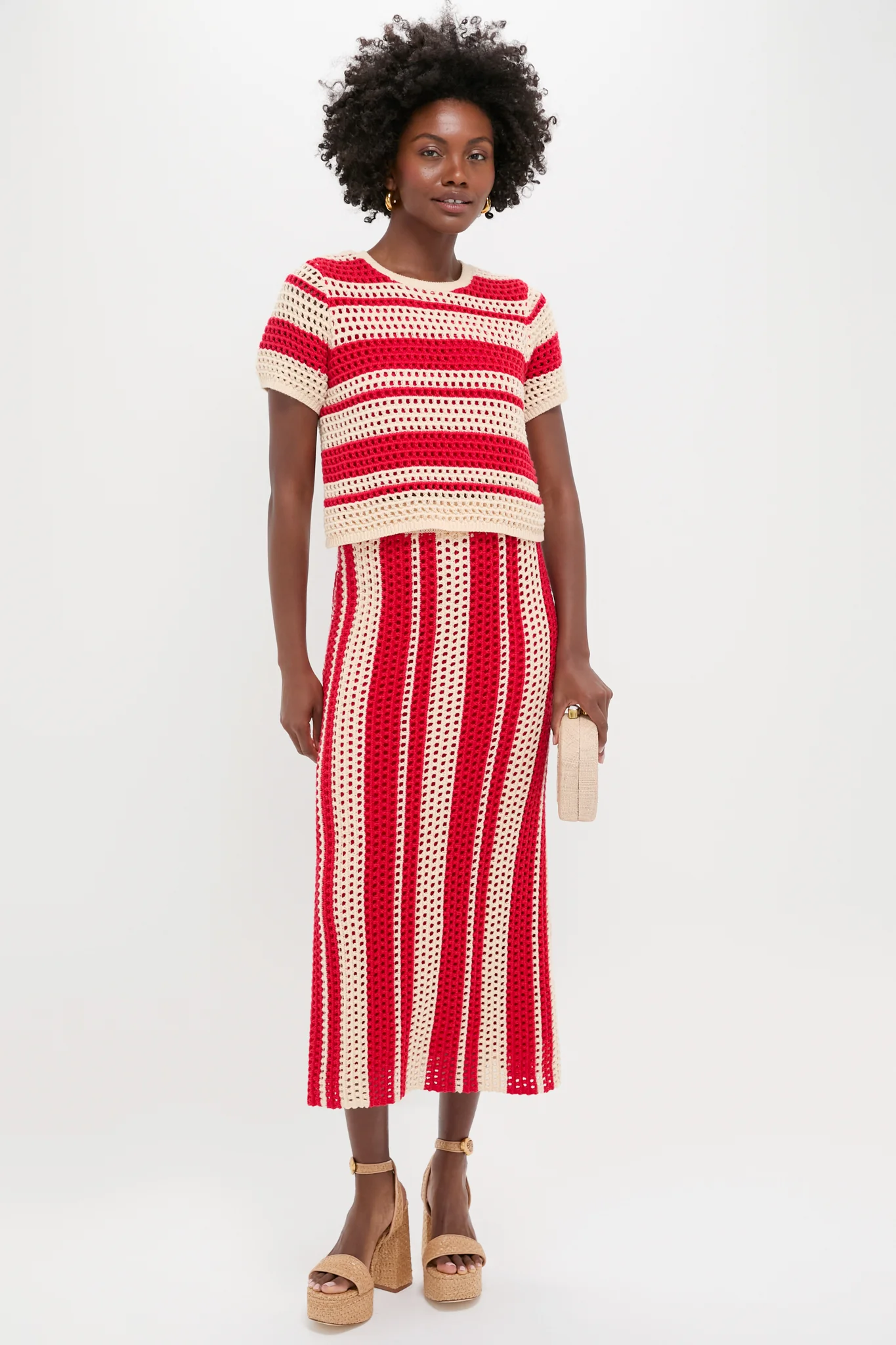 Burnt Red & Beige Striped Knit Ren Midi Skirt - Image 2