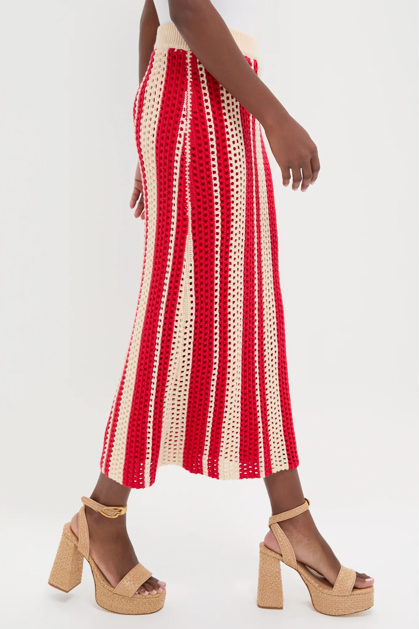 Burnt Red & Beige Striped Knit Ren Midi Skirt - Image 3