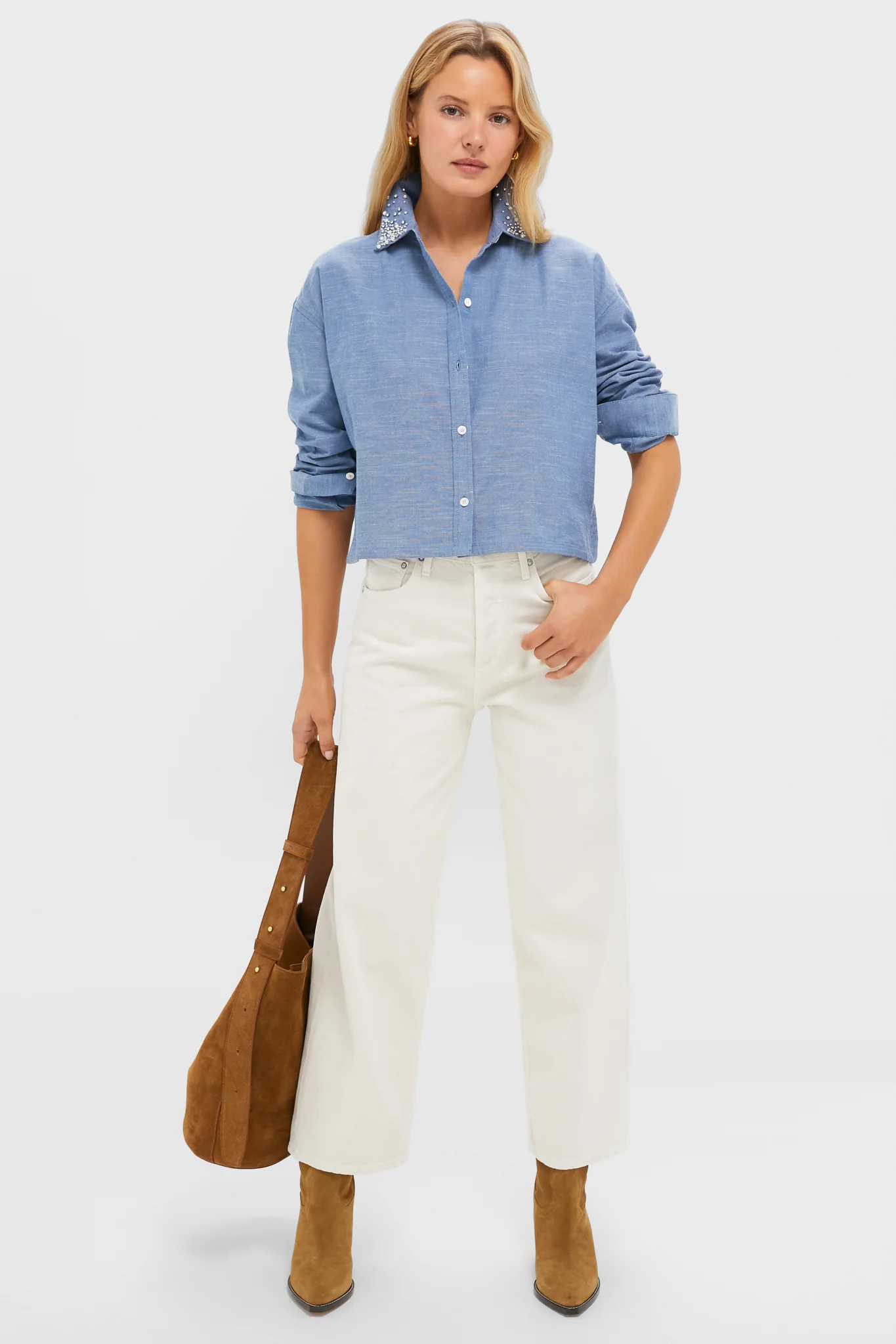Chambray Denim Embellished Cropped Jasper Button Down - Image 2