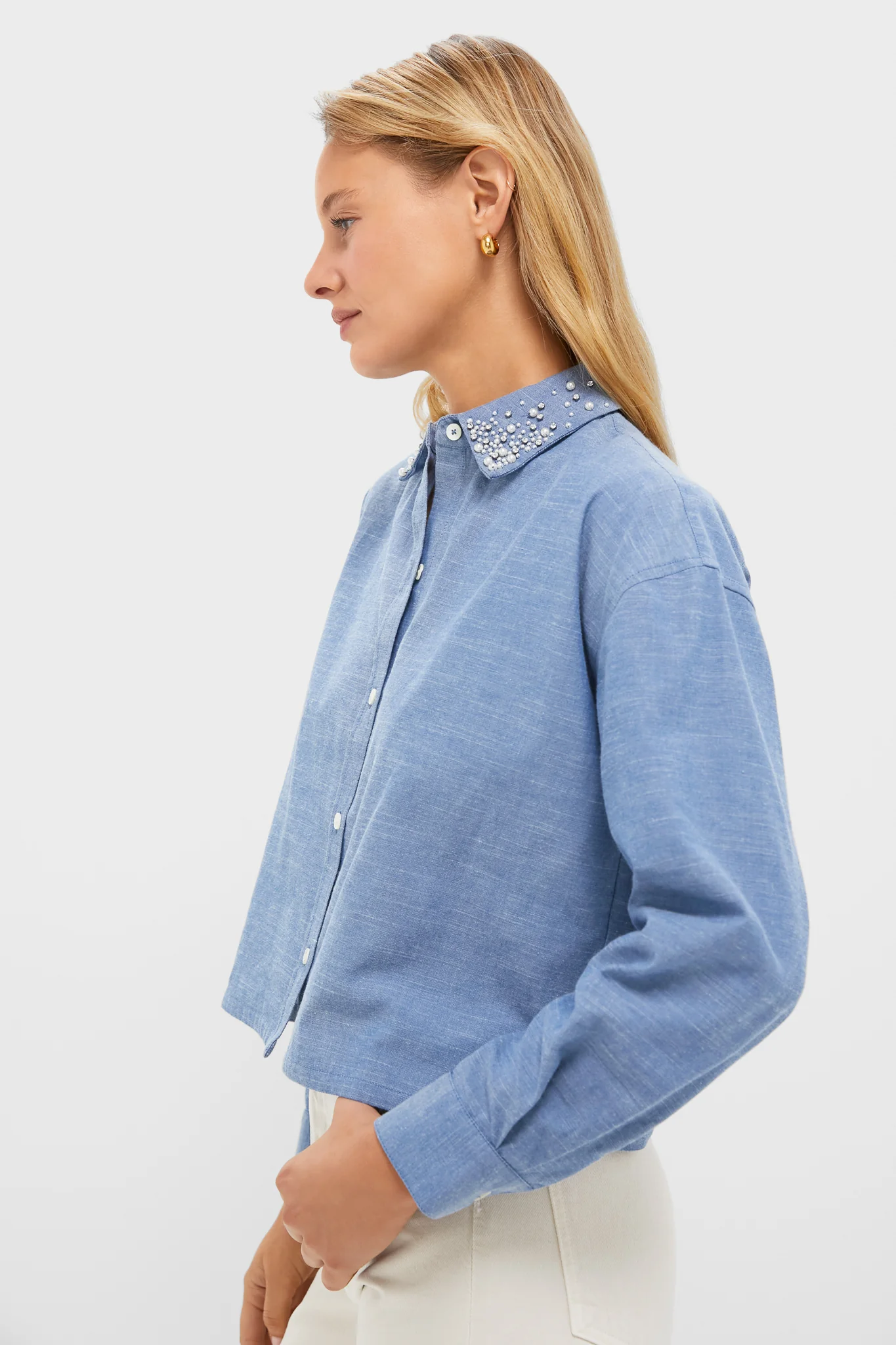 Chambray Denim Embellished Cropped Jasper Button Down - Image 3