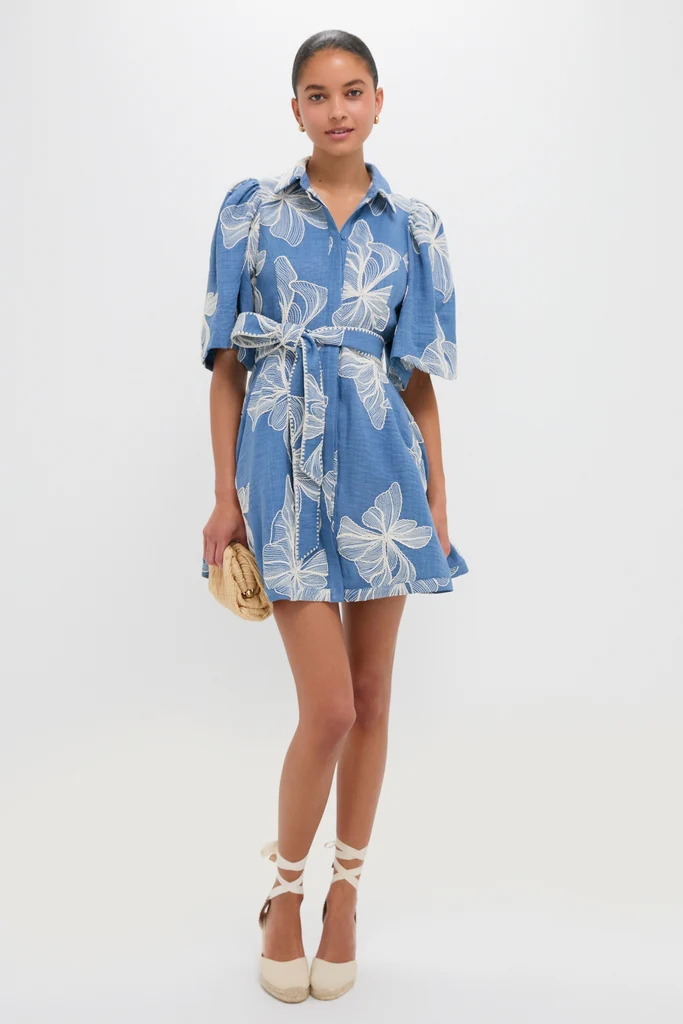 Chambray & Ivory Embroidery Cindy Mini Dress - Image 3