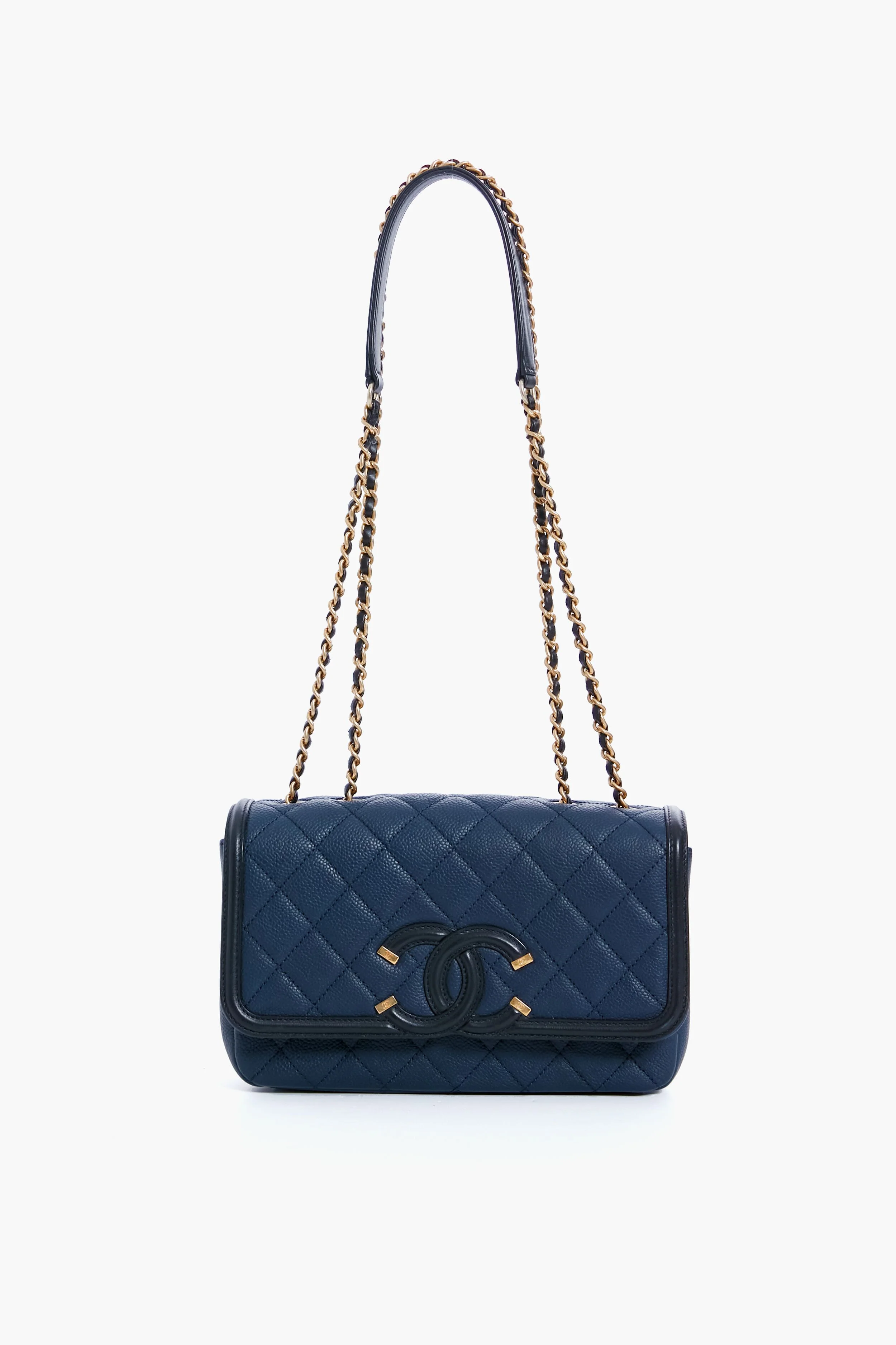 CHANEL Black and Navy Filigree Flap Shoulder Bag - Image 7