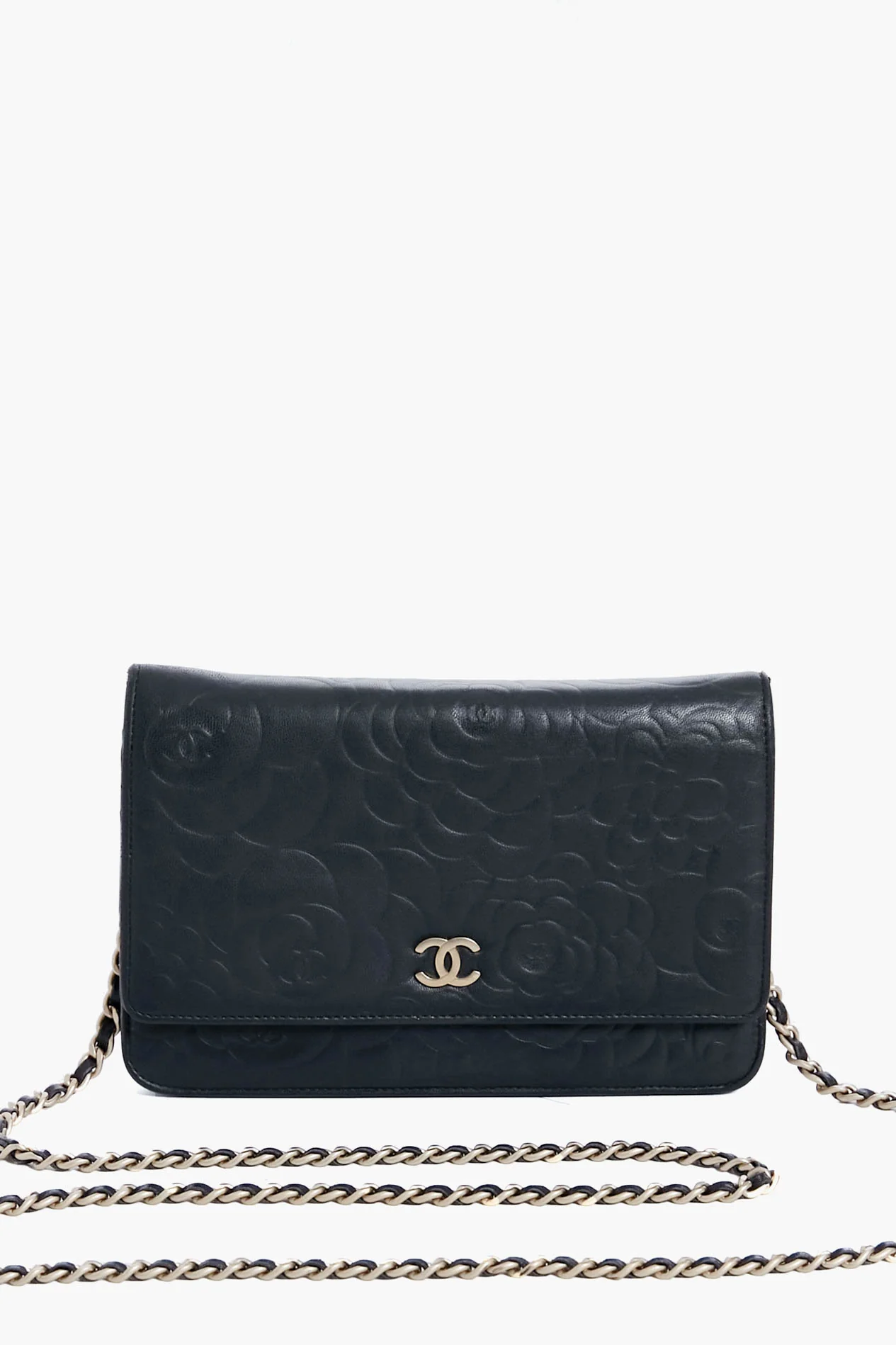 CHANEL Black Camellia Leather Wallet On Chain - Image 2