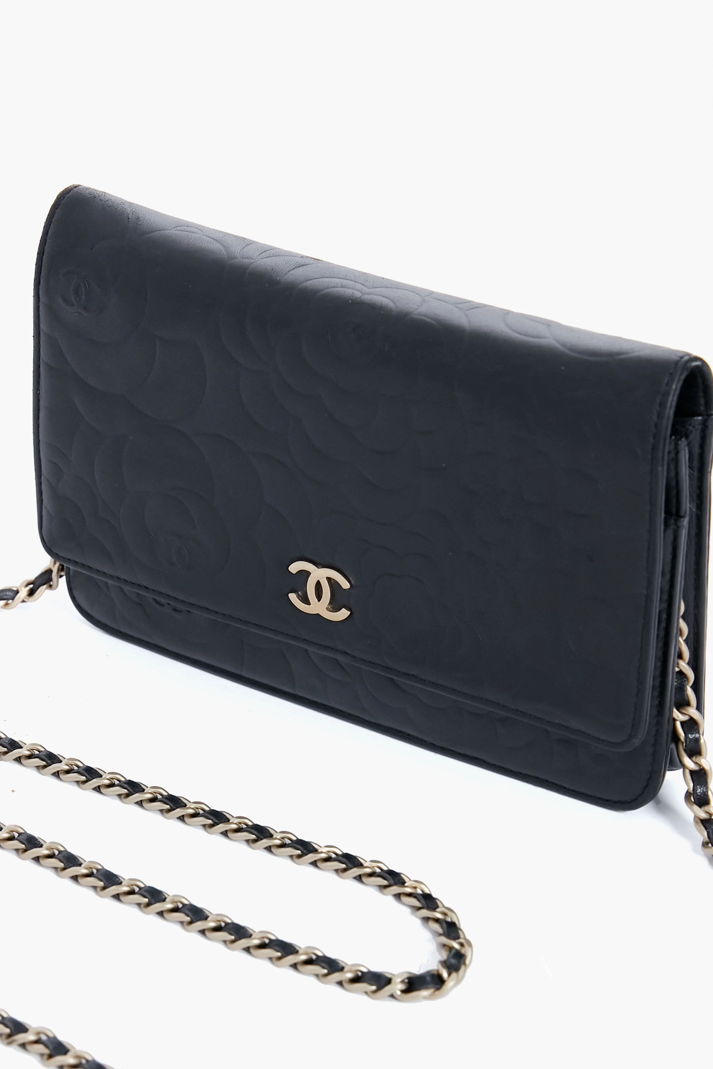 CHANEL Black Camellia Leather Wallet On Chain - Image 5