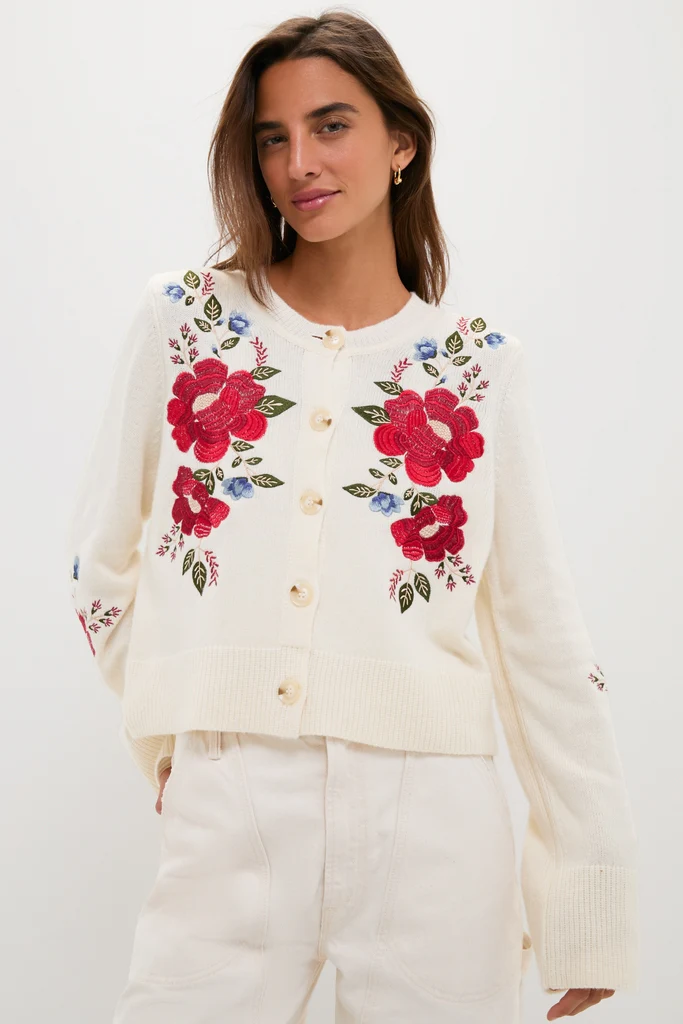 Cream Flowers Embroidered Knit Cardigan