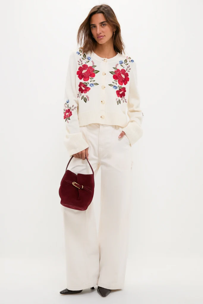 Cream Flowers Embroidered Knit Cardigan - Image 3