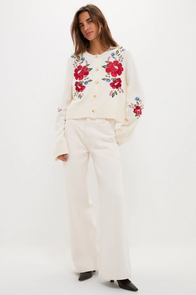 Cream Flowers Embroidered Knit Cardigan - Image 6