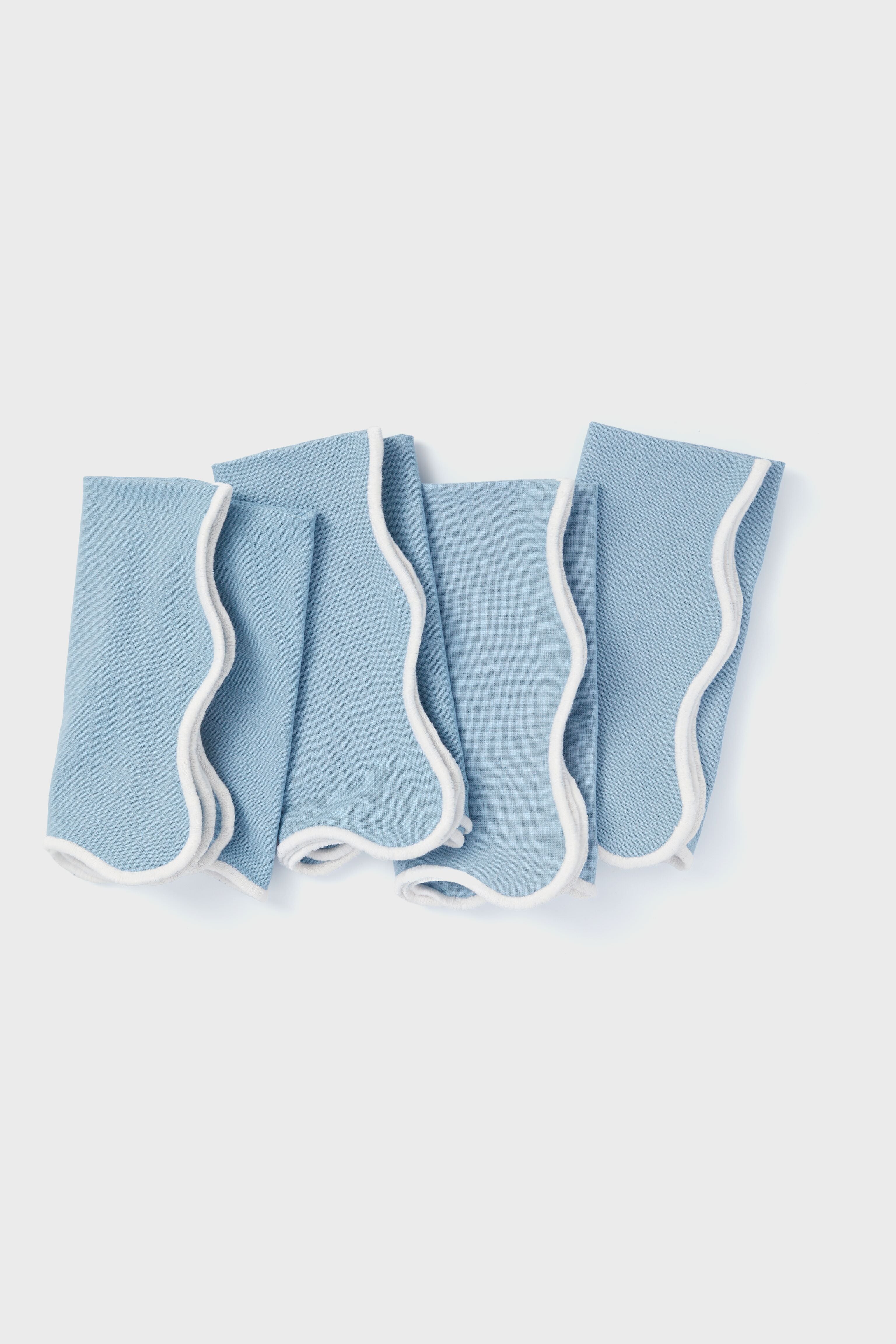 Dusty Blue and White Embroidered Scalloped Napkins Set of 4 - Image 3