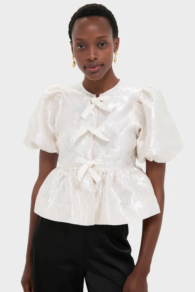Egret Satin Cloque Peplum Blouse