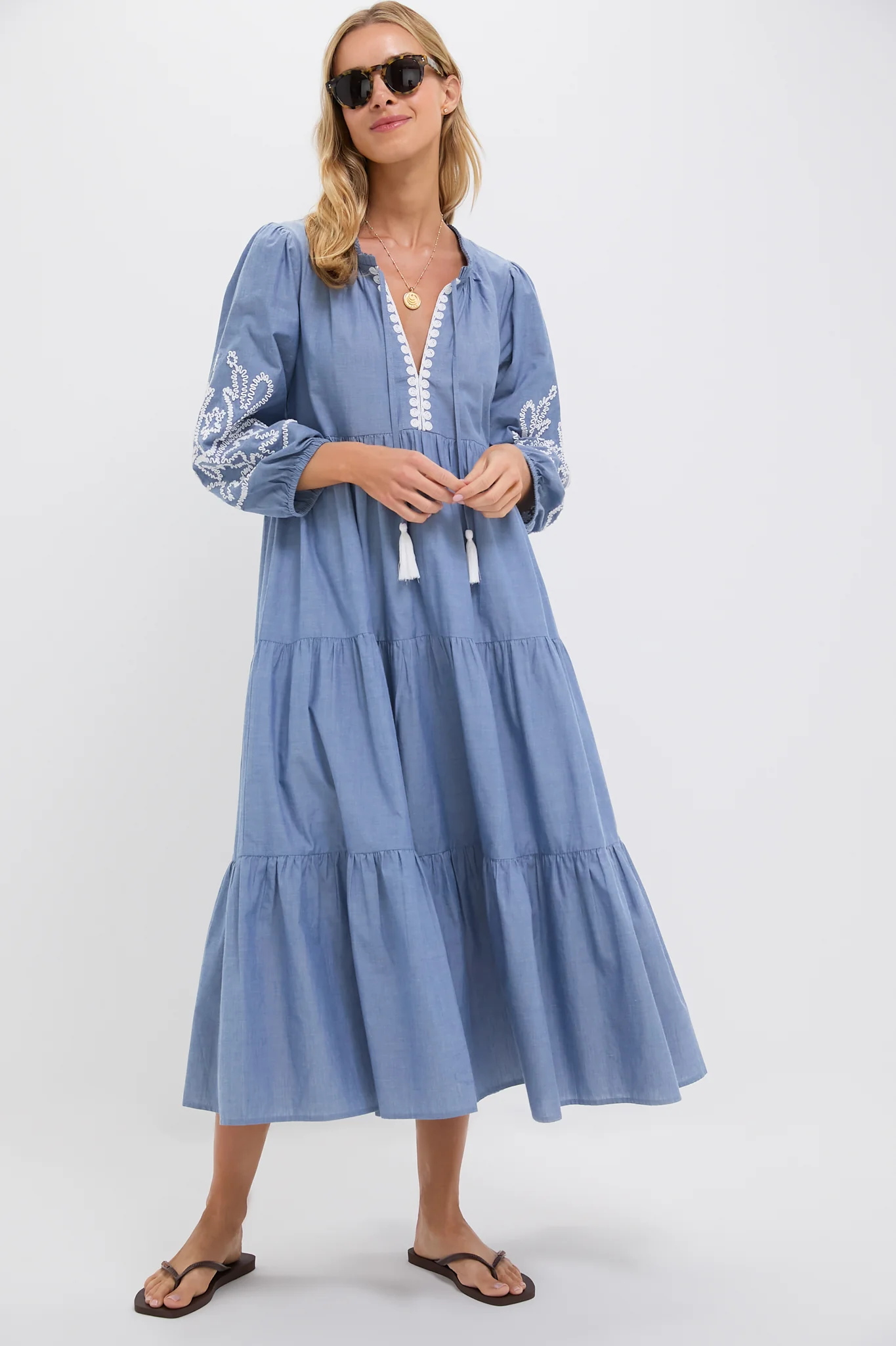 Embroidered Chambray Long Sleeve Salty Paloma Caftan