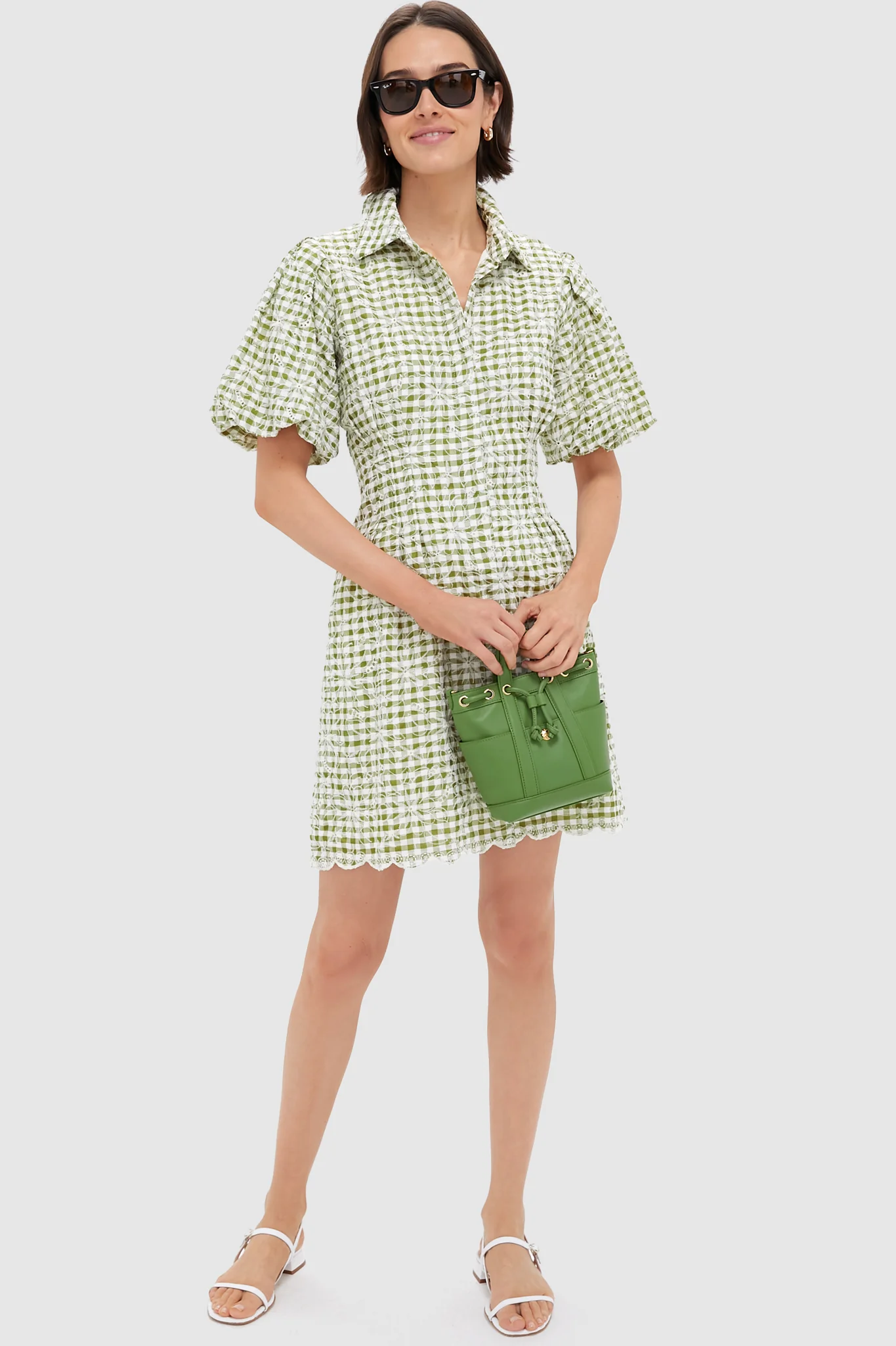 Embroidered Floral Green Gingham Mini Delaney Dress - Image 2