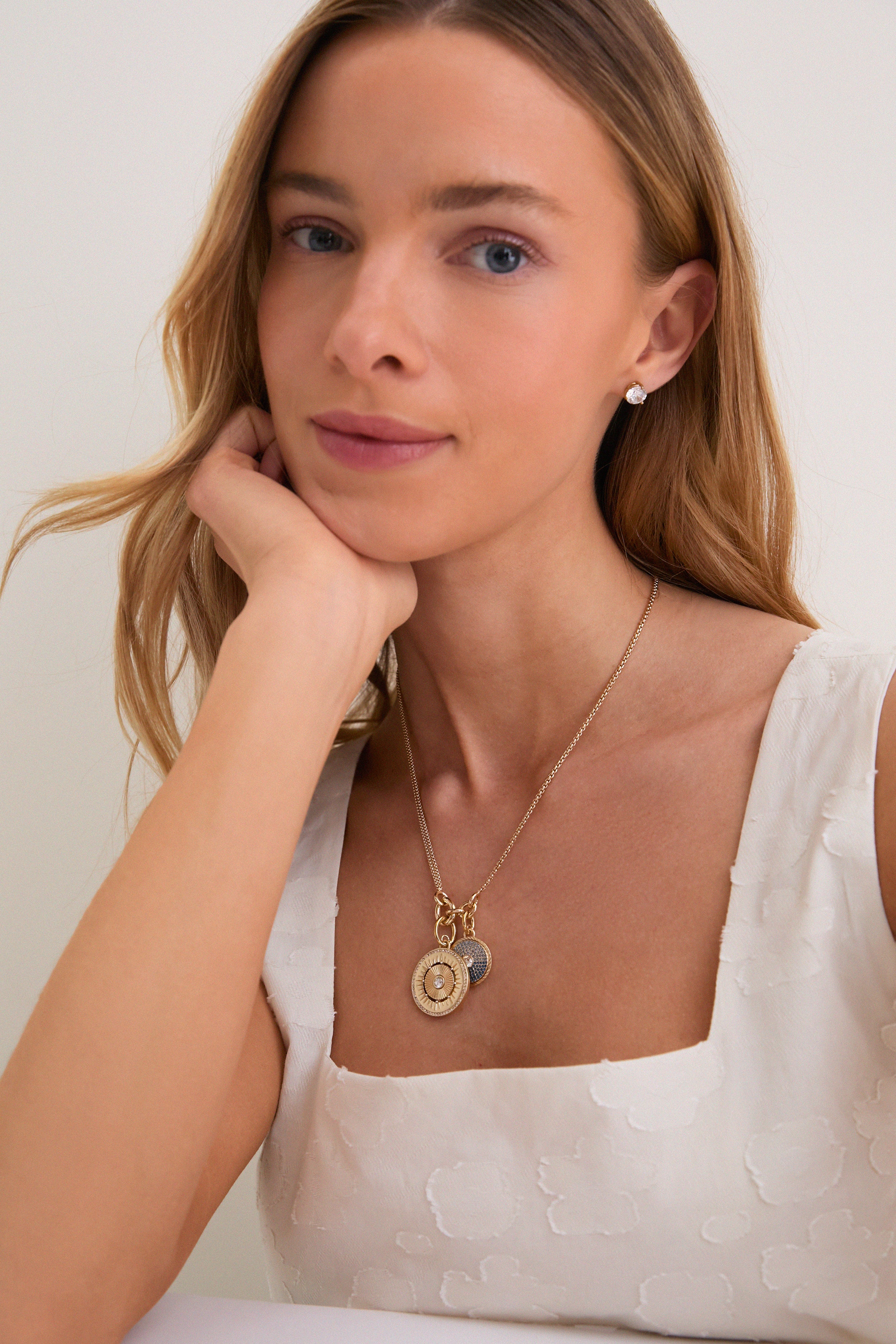 Gold, Clear and Sapphire Multi Strength and Peace Coin Necklace - Image 2