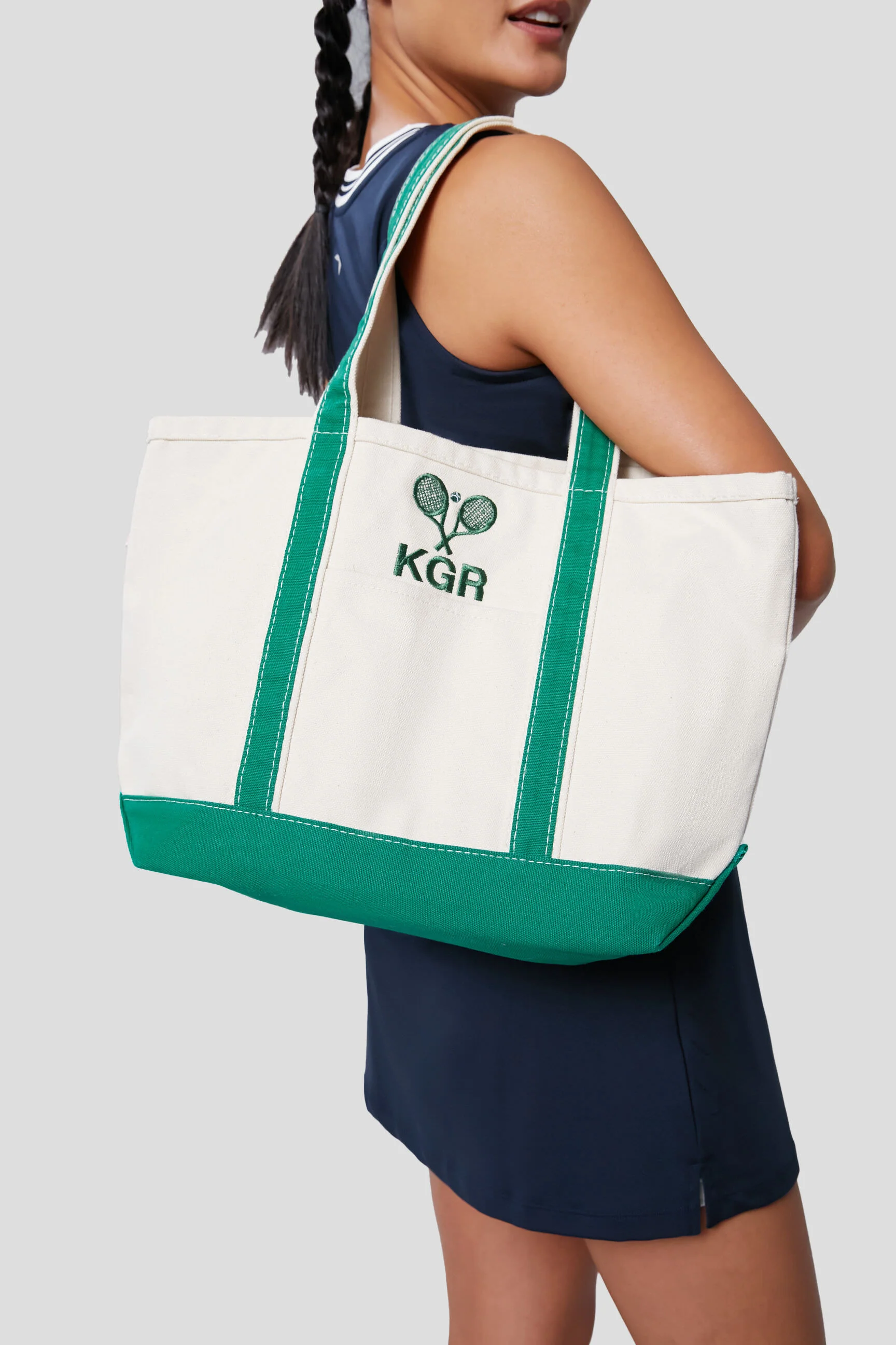 Green Embroidered Tennis Racket Boat Tote - Image 2