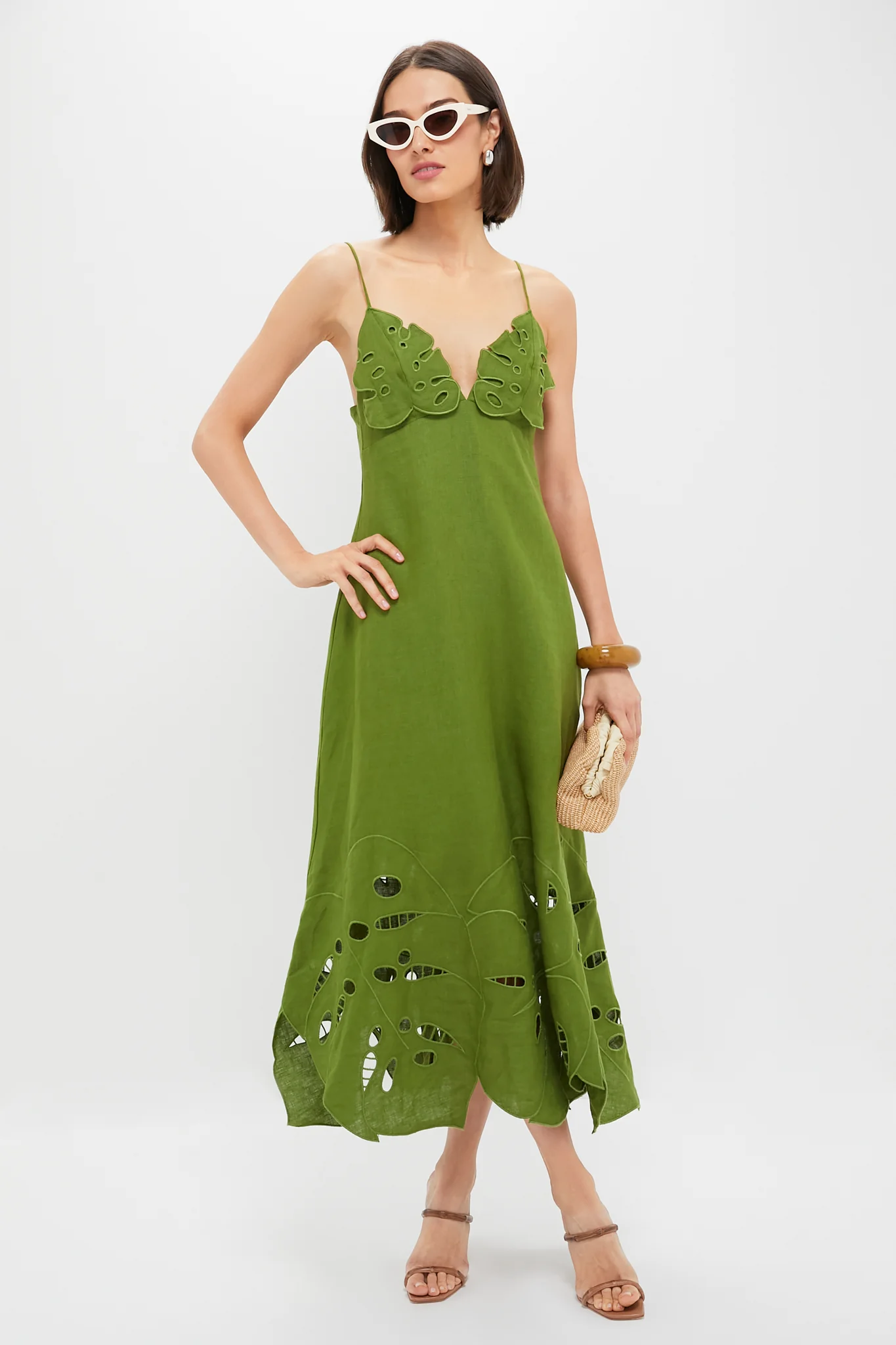 Green Monstera Embroidery Midi Dress - Image 3