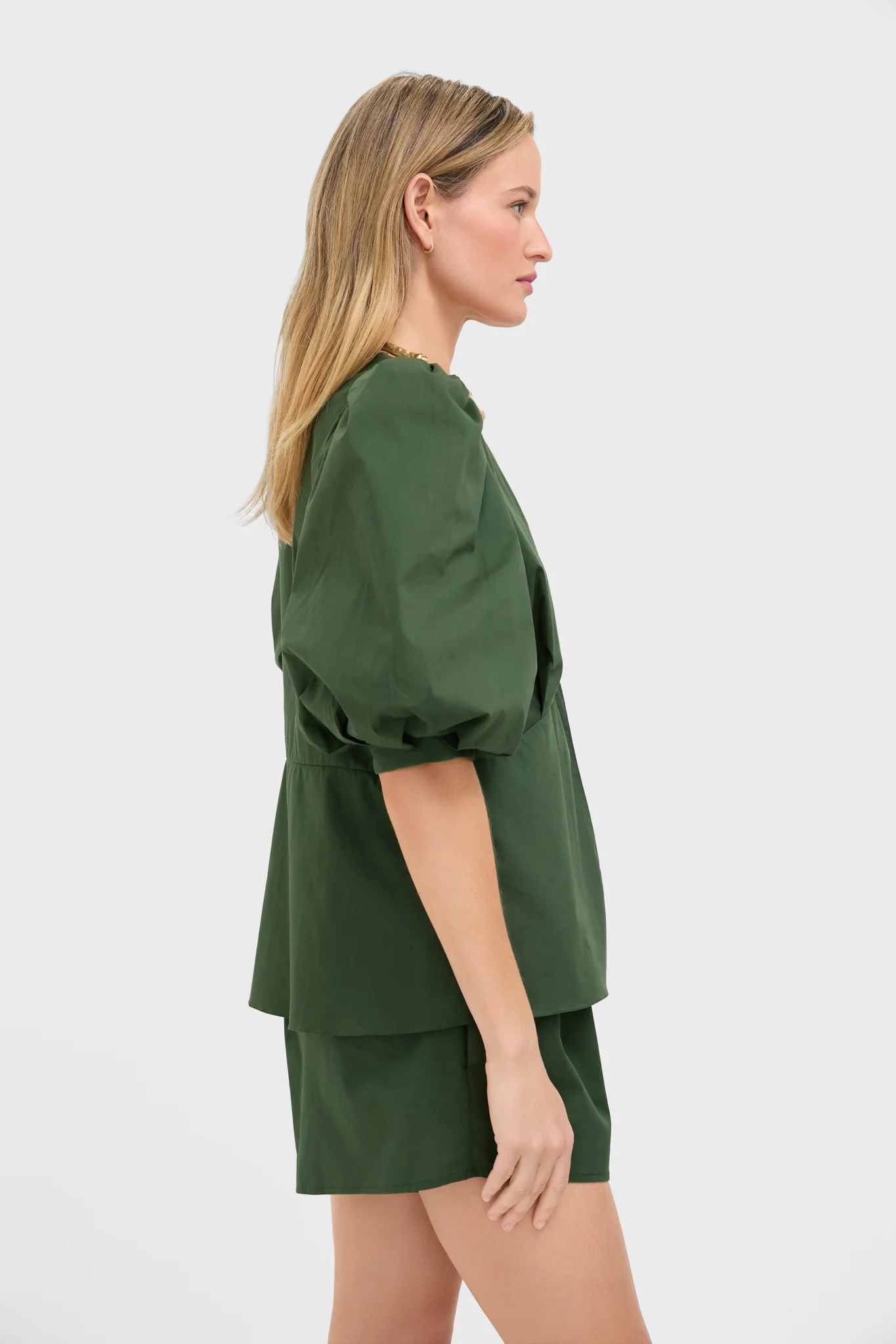 Green Solid Puff-Sleeved Blouse - Image 3